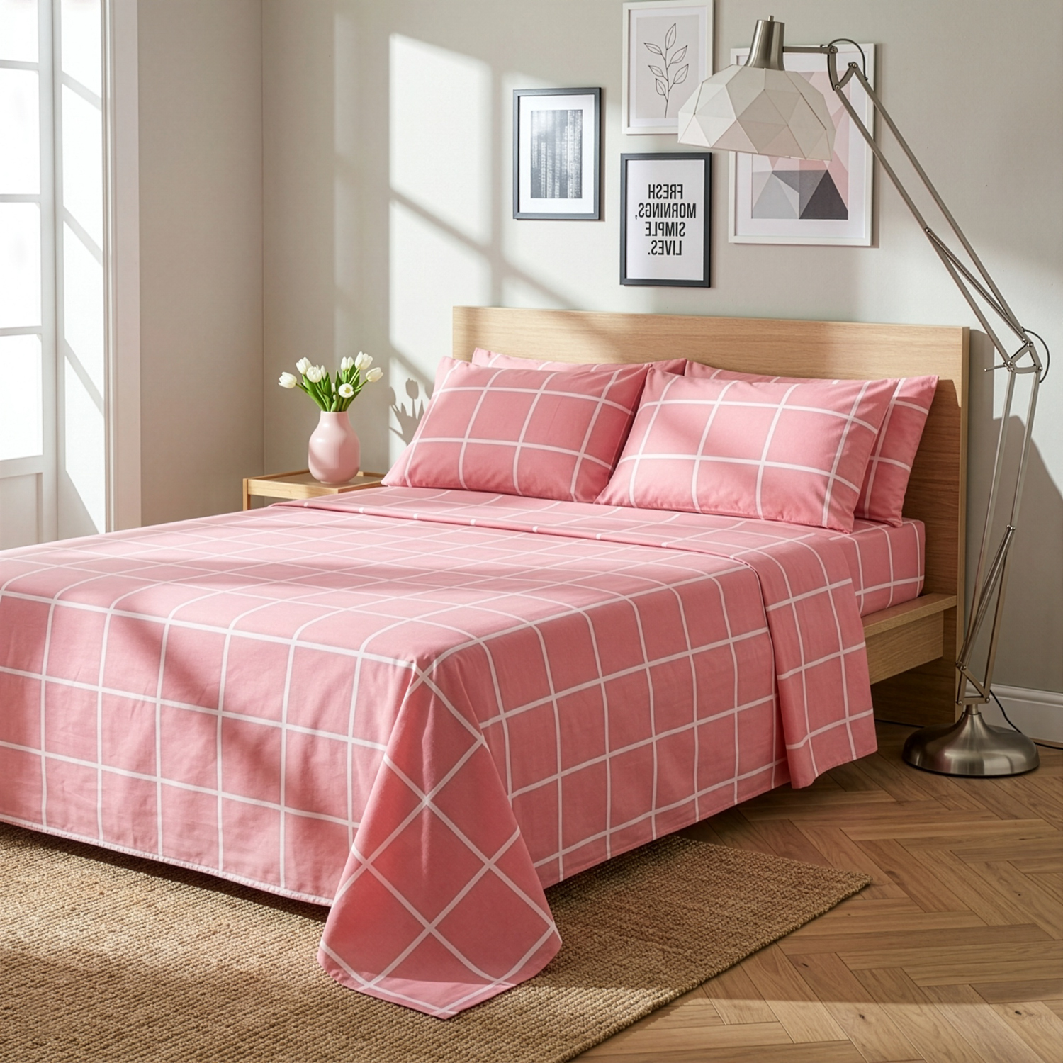 Completo letto matrimoniale policotone quadrotti rosa