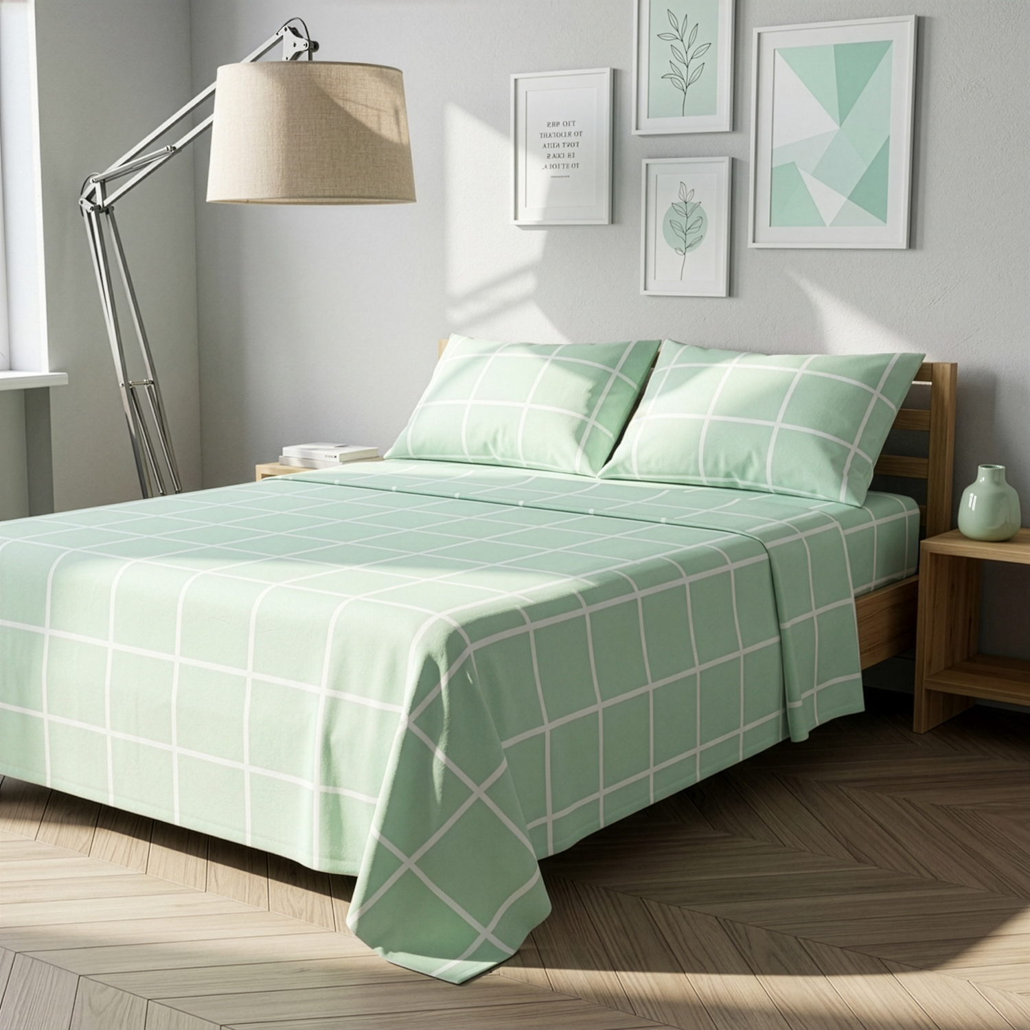 Completo letto matrimoniale policotone quadrotti verde