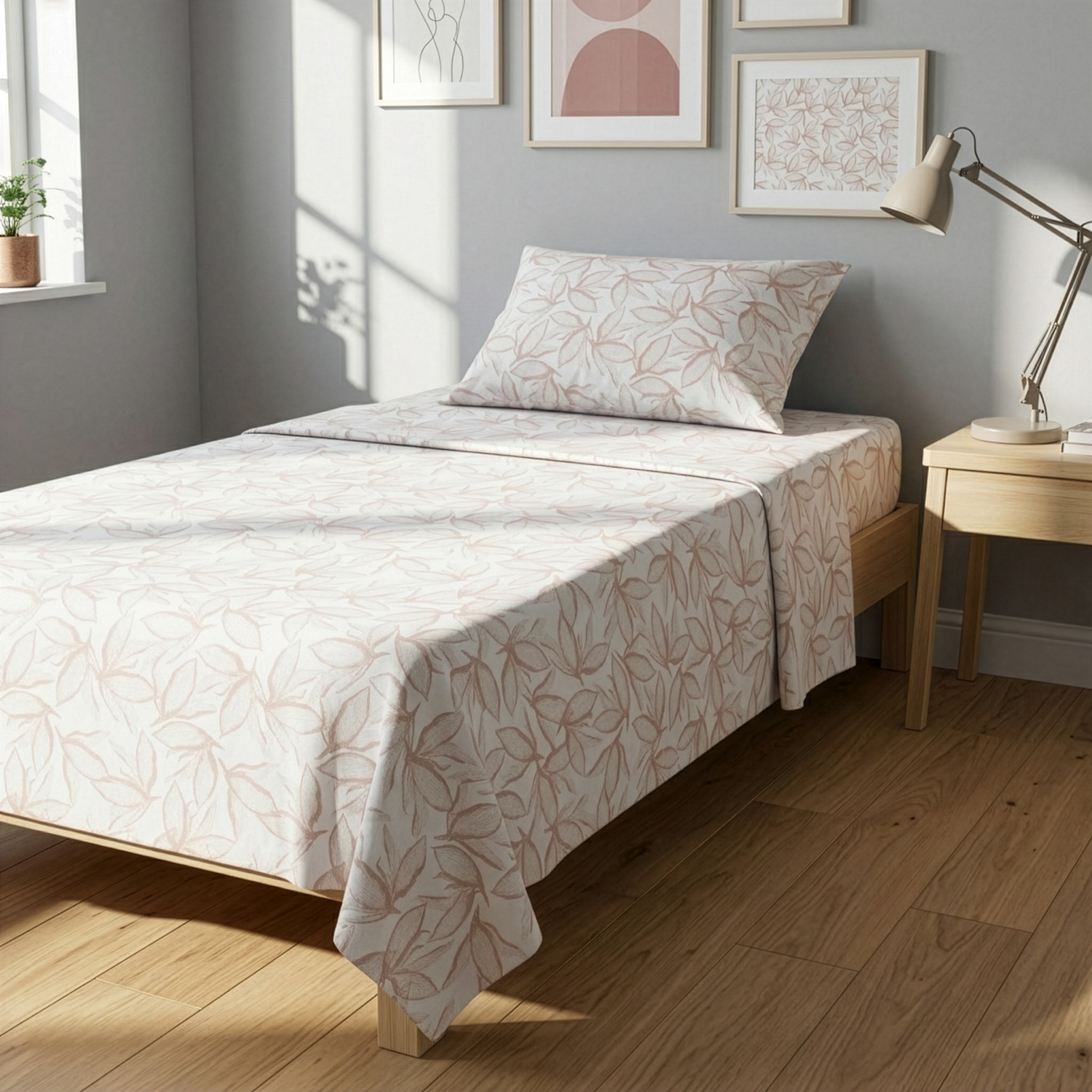 Completo letto 1 piazza e mezza policotone foglie sabbia
