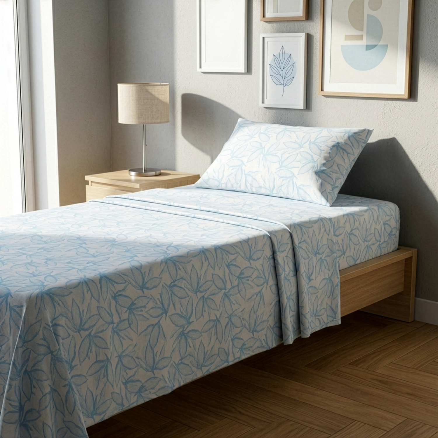 Completo letto 1 piazza e mezza policotone foglie azzurro