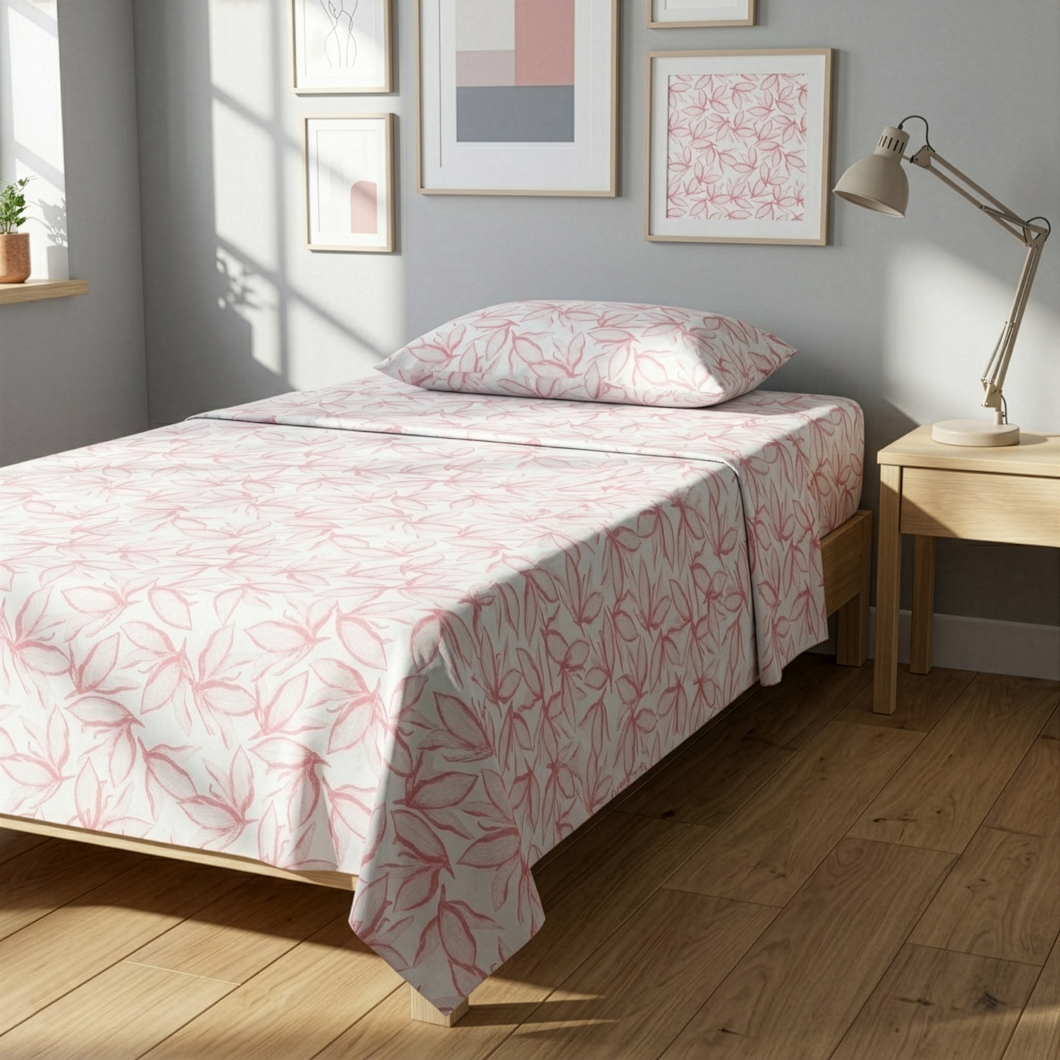 Completo letto 1 piazza e mezza policotone foglie rosa