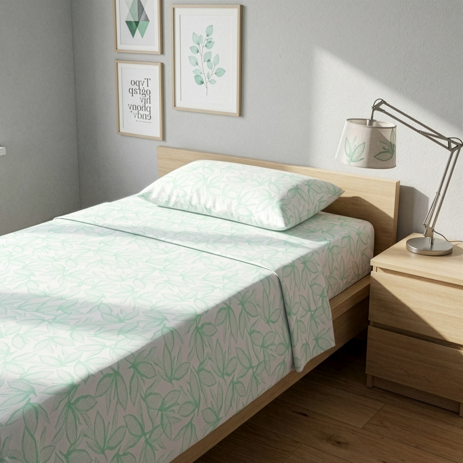 Completo letto 1 piazza e mezza policotone foglie verde