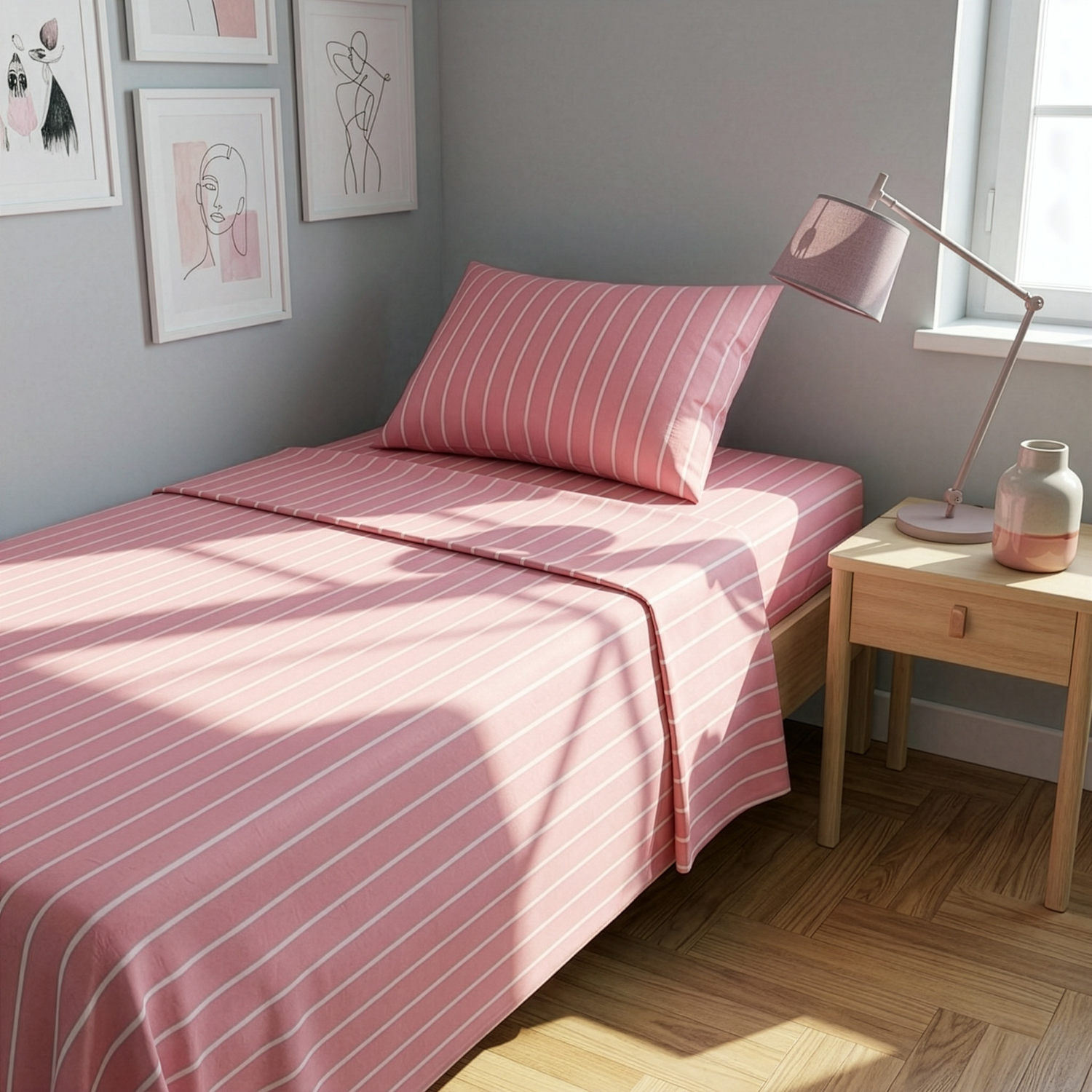 Completo letto 1 piazza e mezza policotone righe rosa