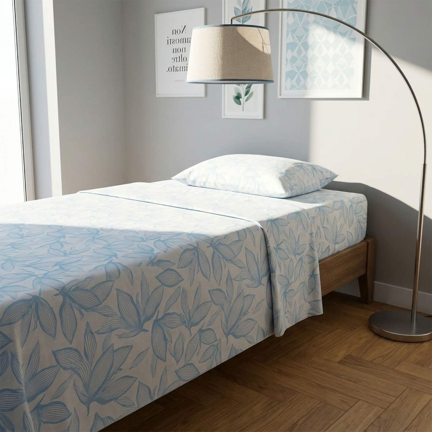 Completo letto singolo policotone foglie azzurro