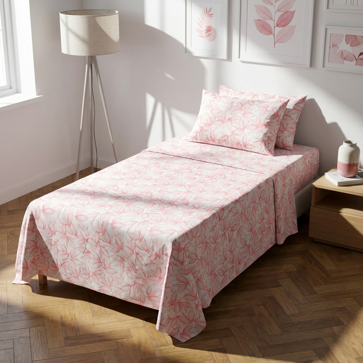 Completo letto singolo policotone foglie rosa