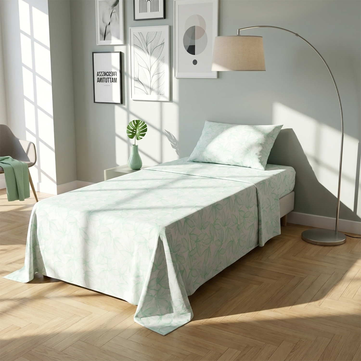 Completo letto singolo policotone foglie verde
