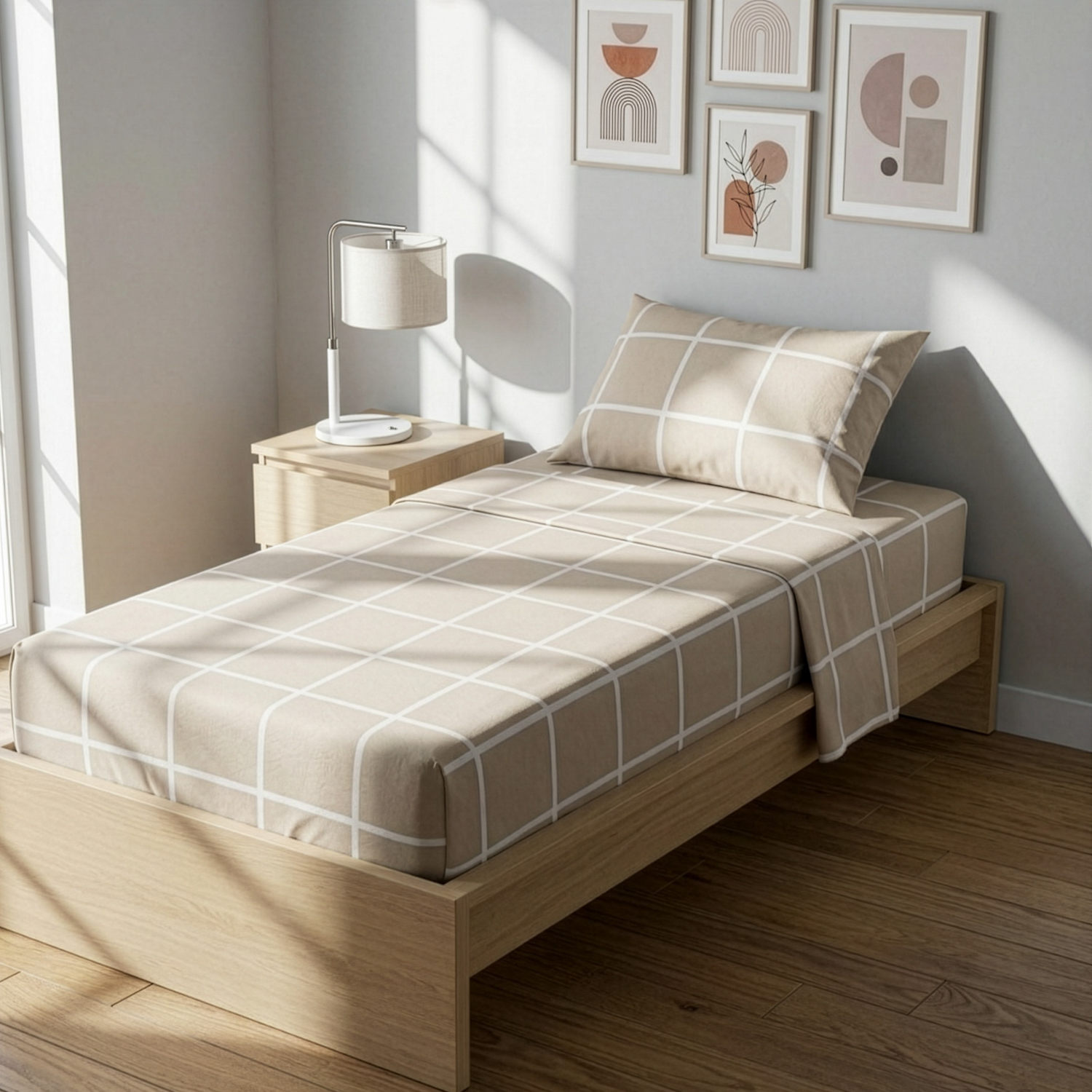 Completo letto singolo policotone quadrotti sabbia