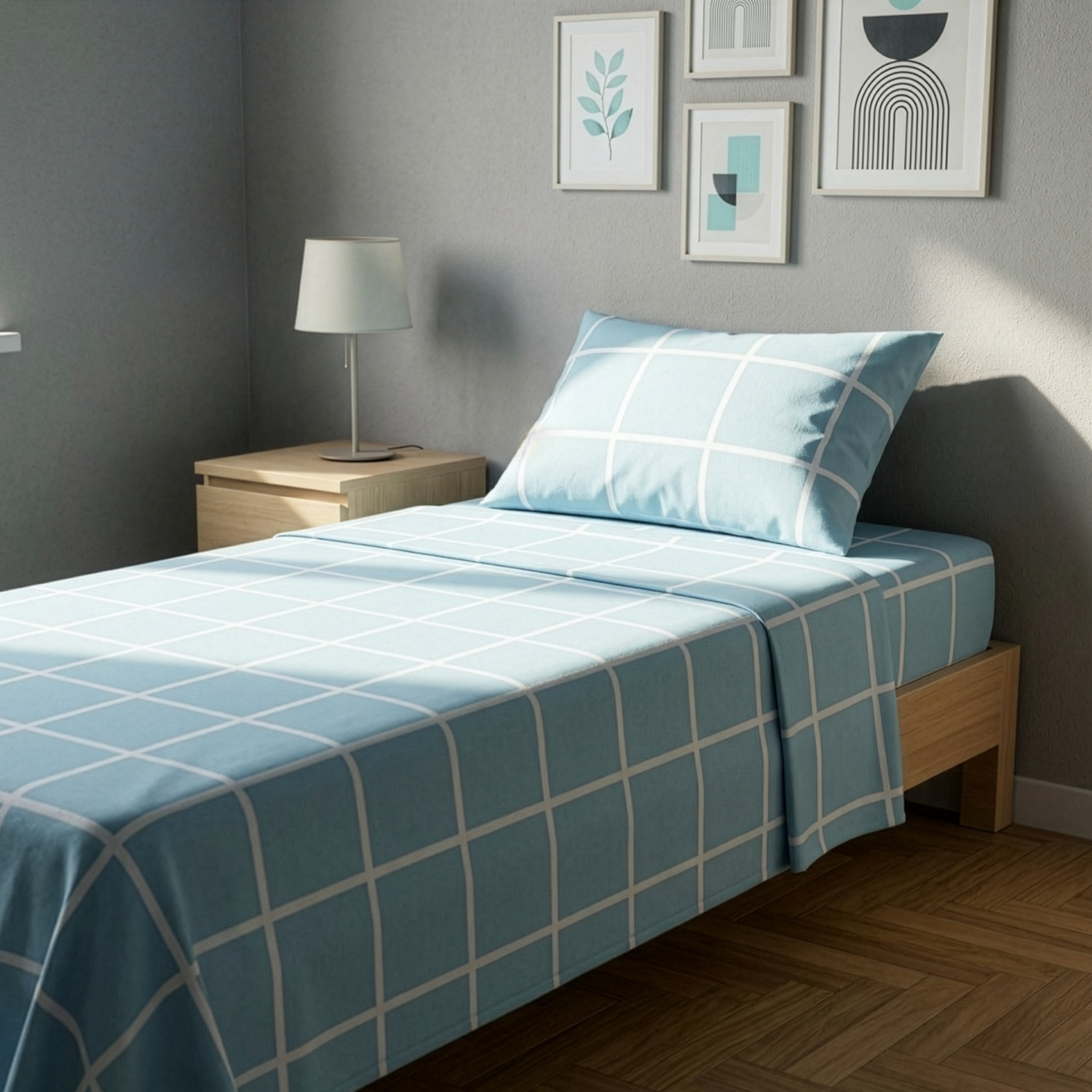 Completo letto singolo policotone quadrotti azzurro