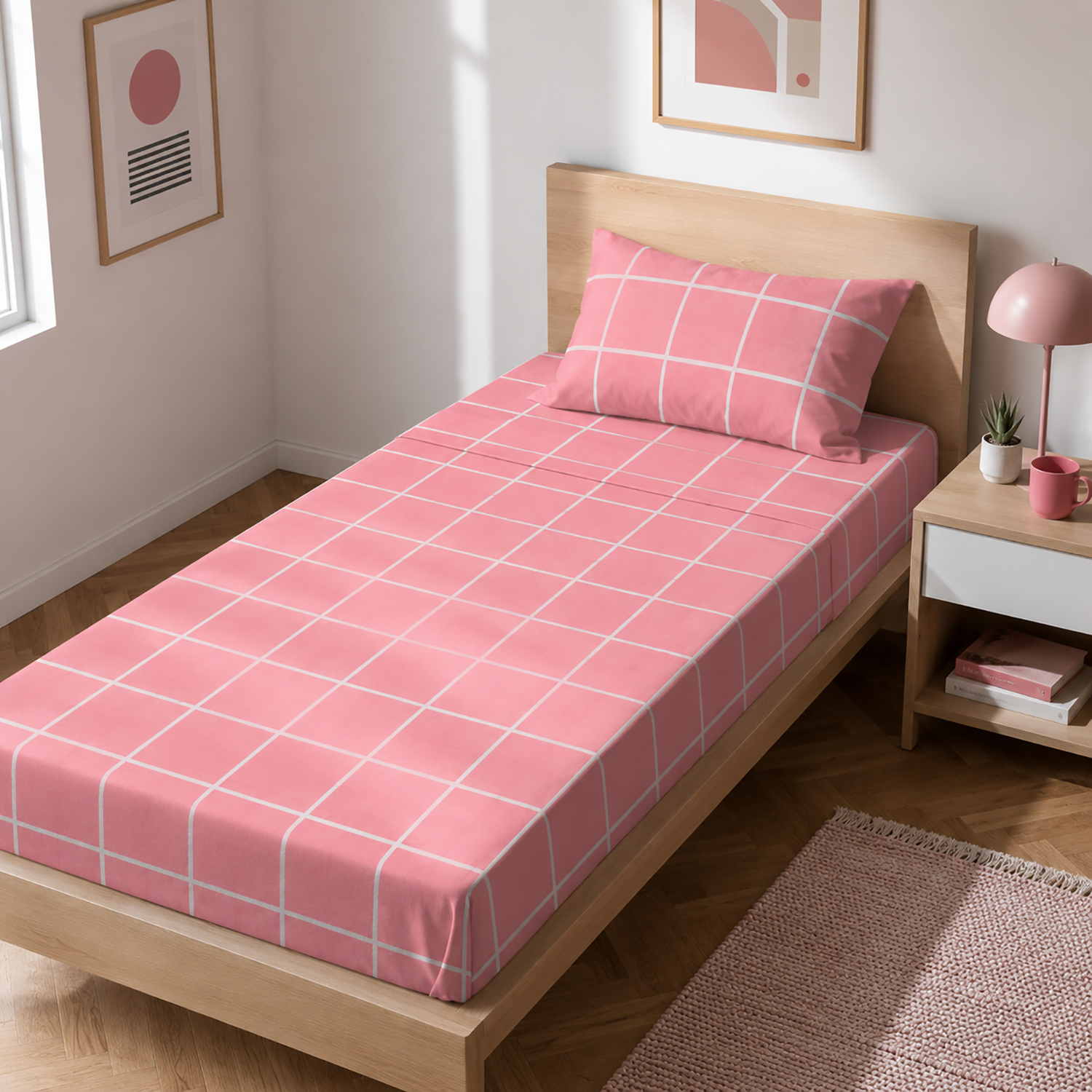 Completo letto singolo policotone quadrotti rosa