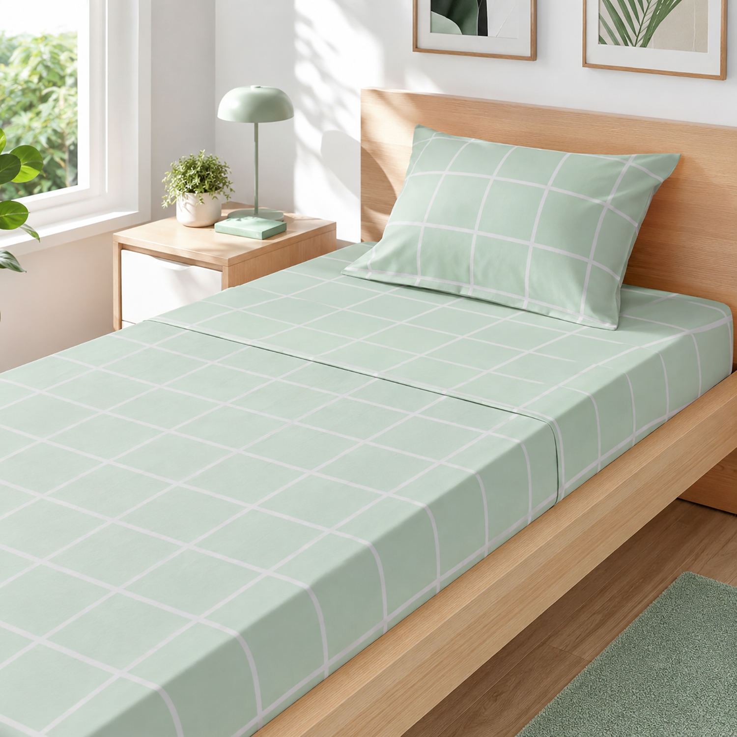 Completo letto singolo policotone quadrotti verde