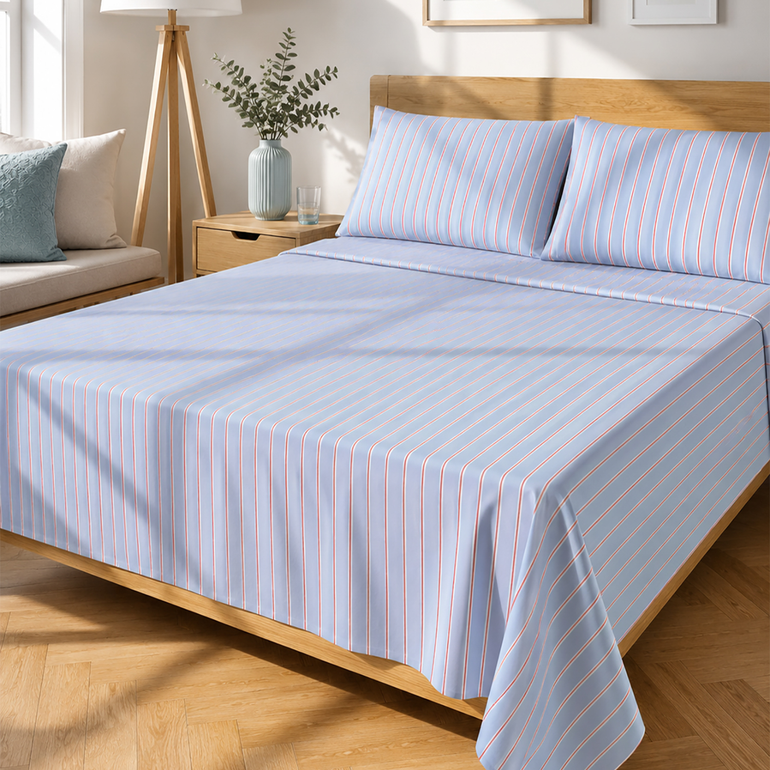 Completo letto matrimoniale righe azzurro