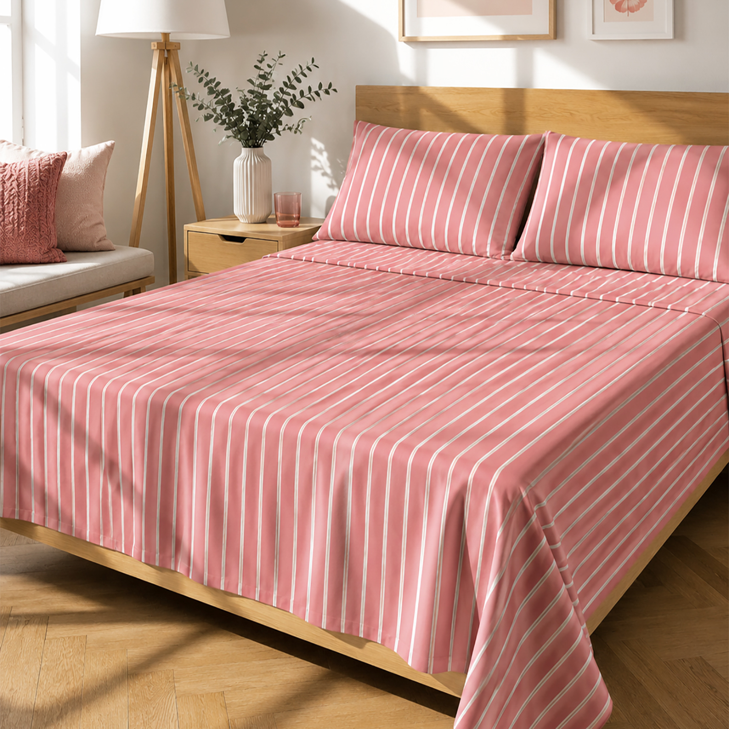 Completo letto matrimoniale righe corallo