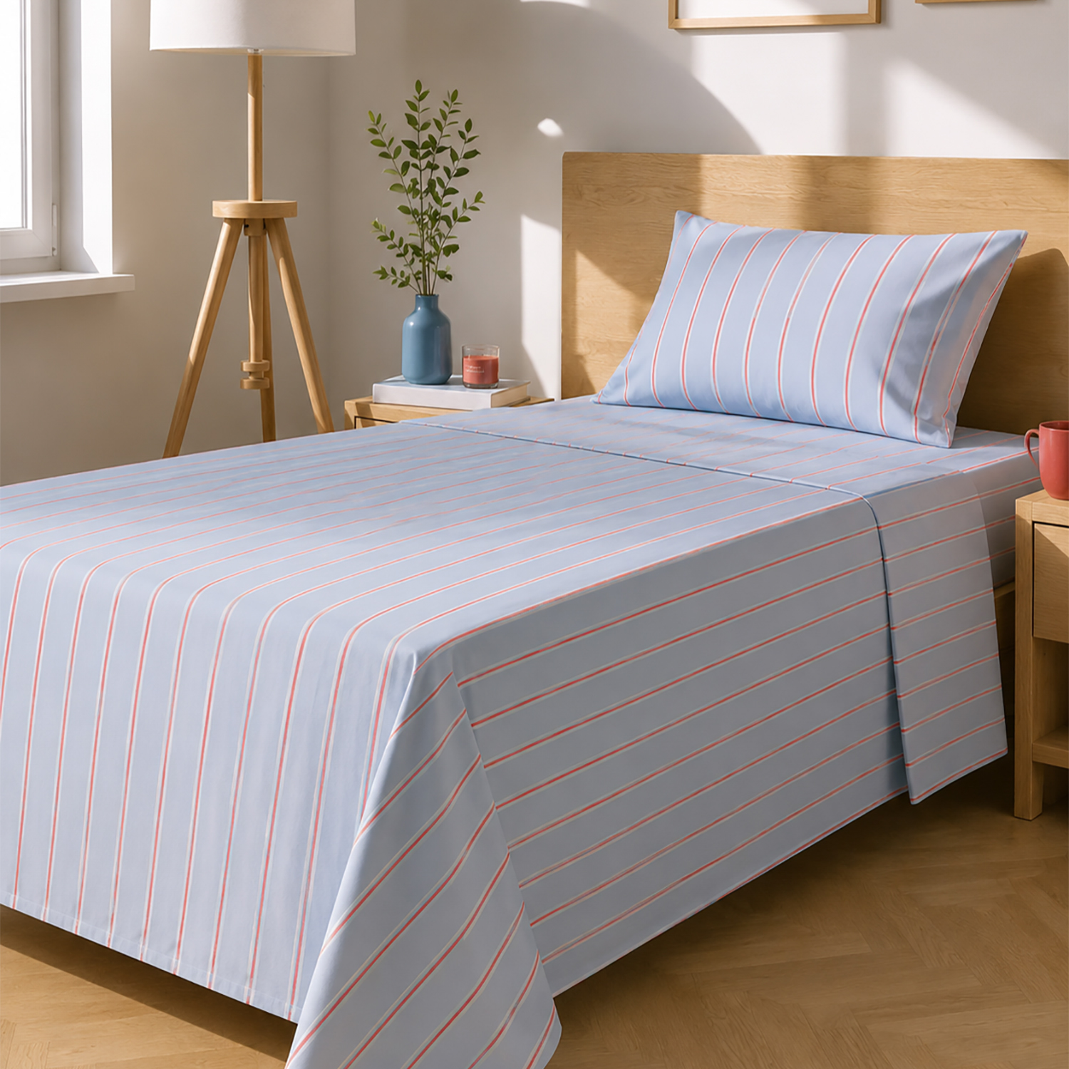 Completo letto 1 piazza e mezza righe azzurro