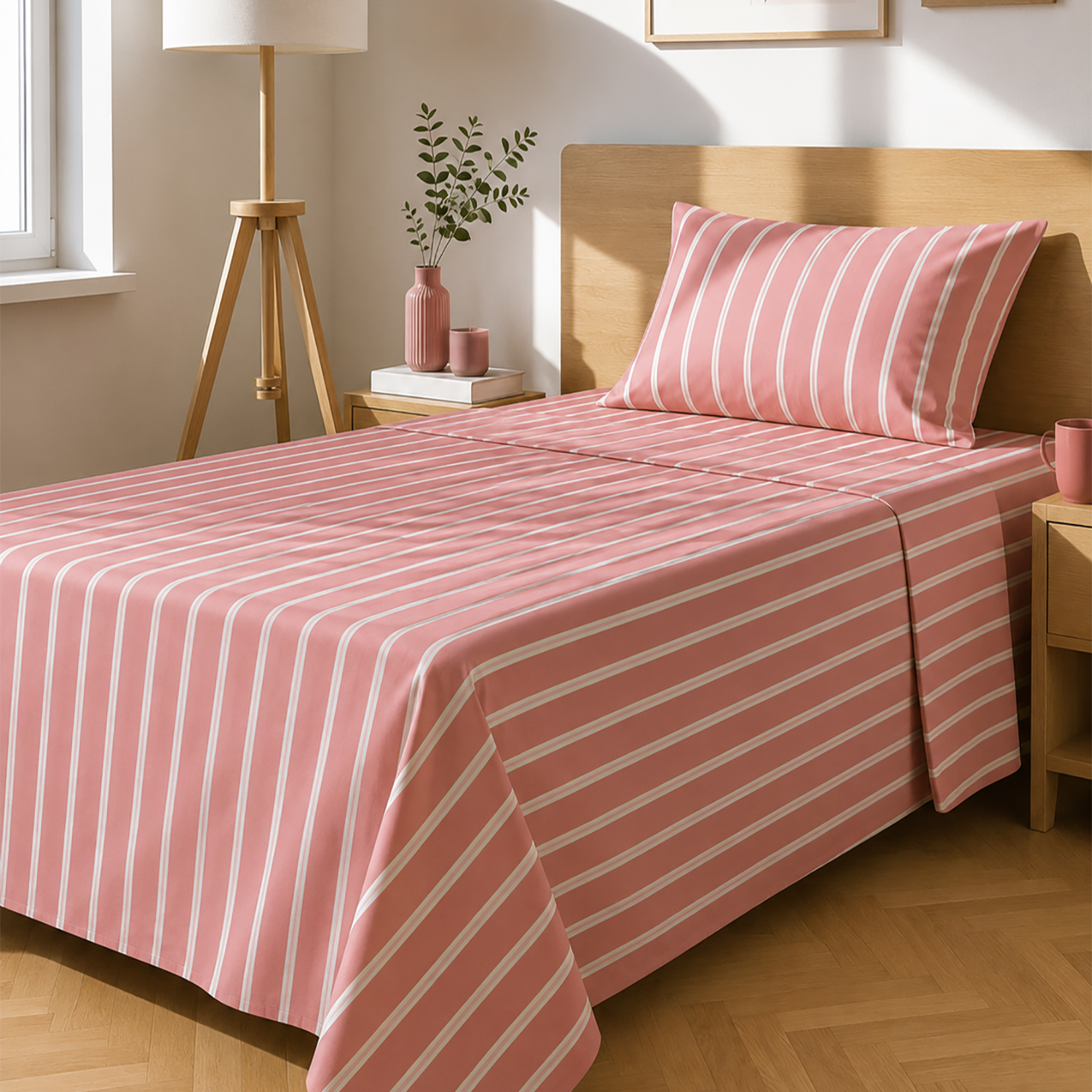 Completo letto 1 piazza e mezza righe corallo