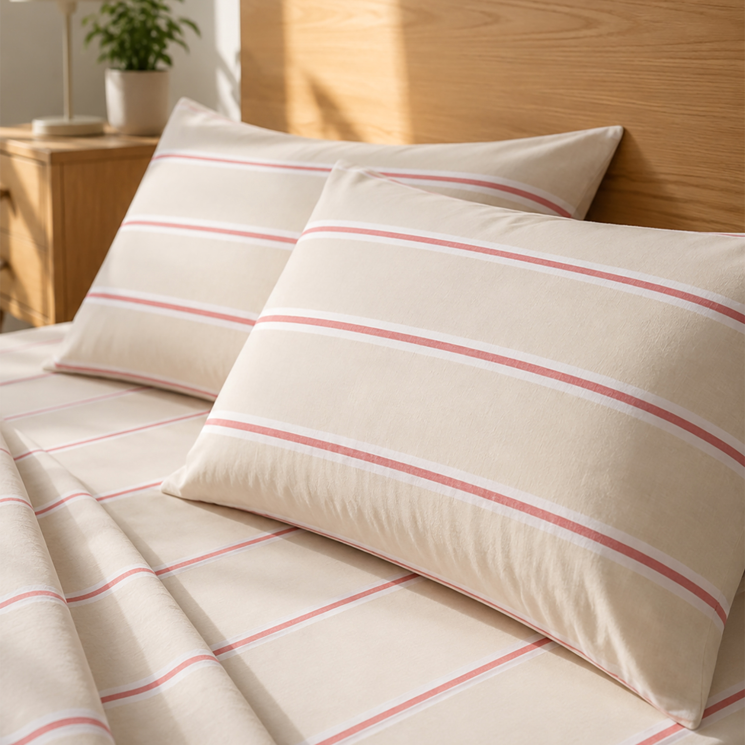 Coppia federe cotone righe beige