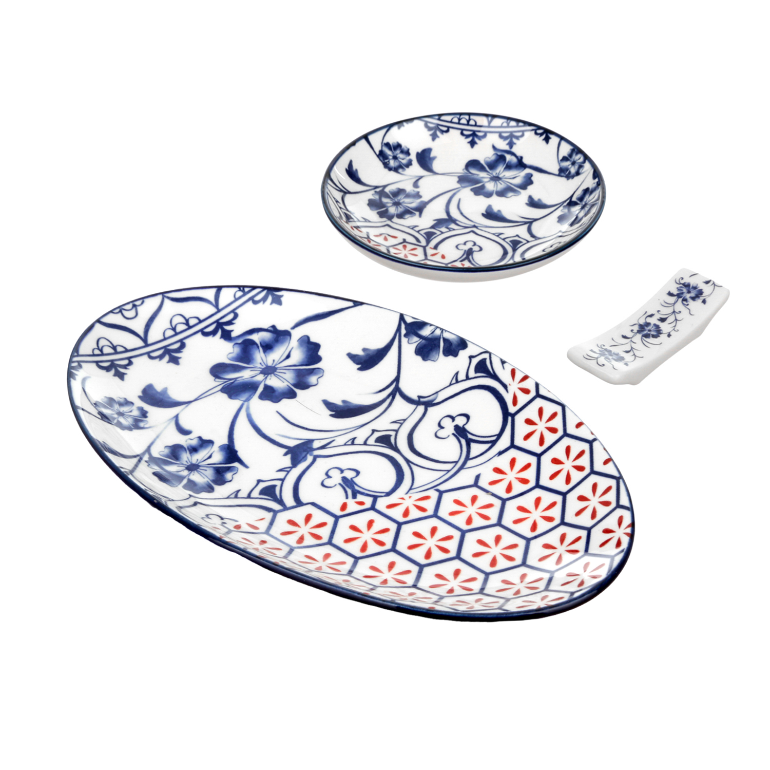 Set sushi 3 pezzi con decori blu e rossi Sushiko
