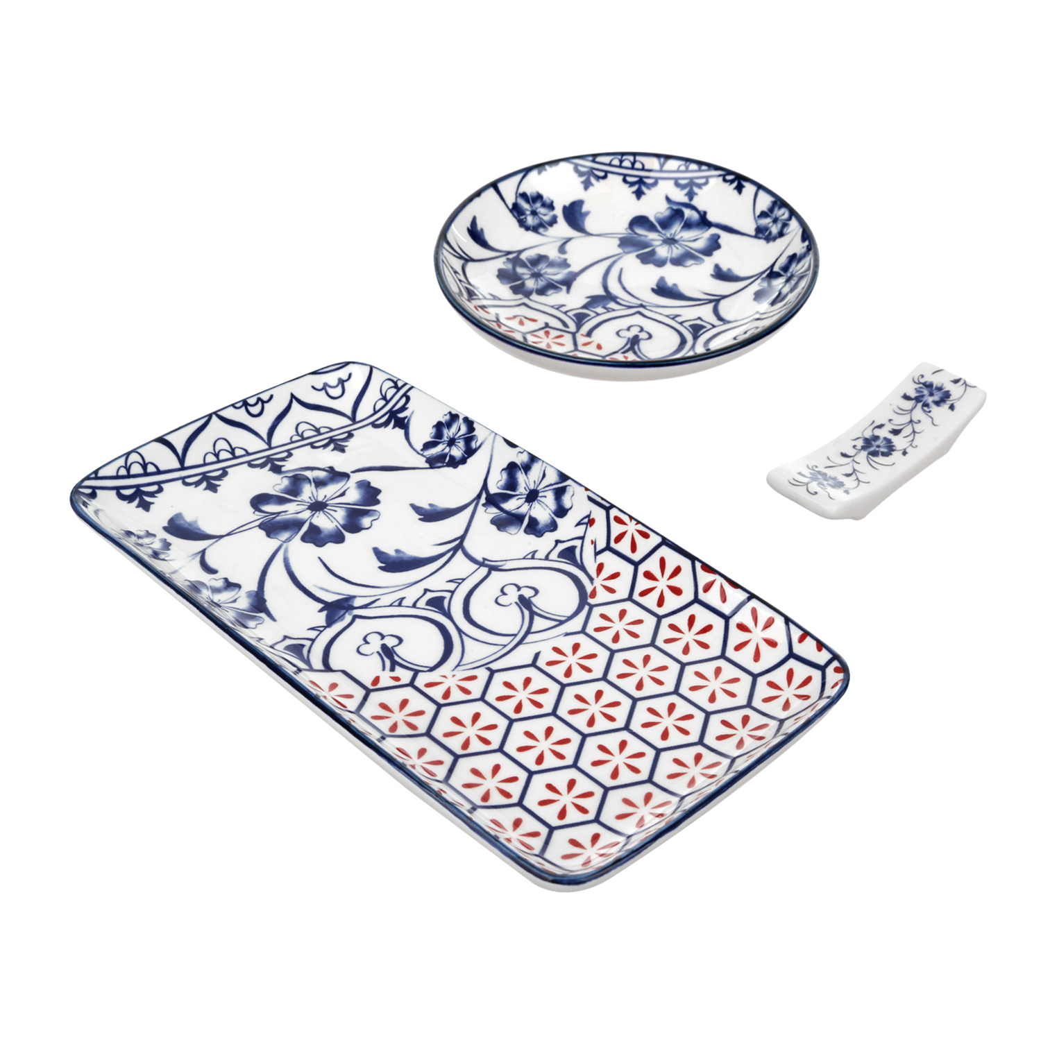 Set sushi 3 pezzi piattino rettangolare blu rosso Sushiko