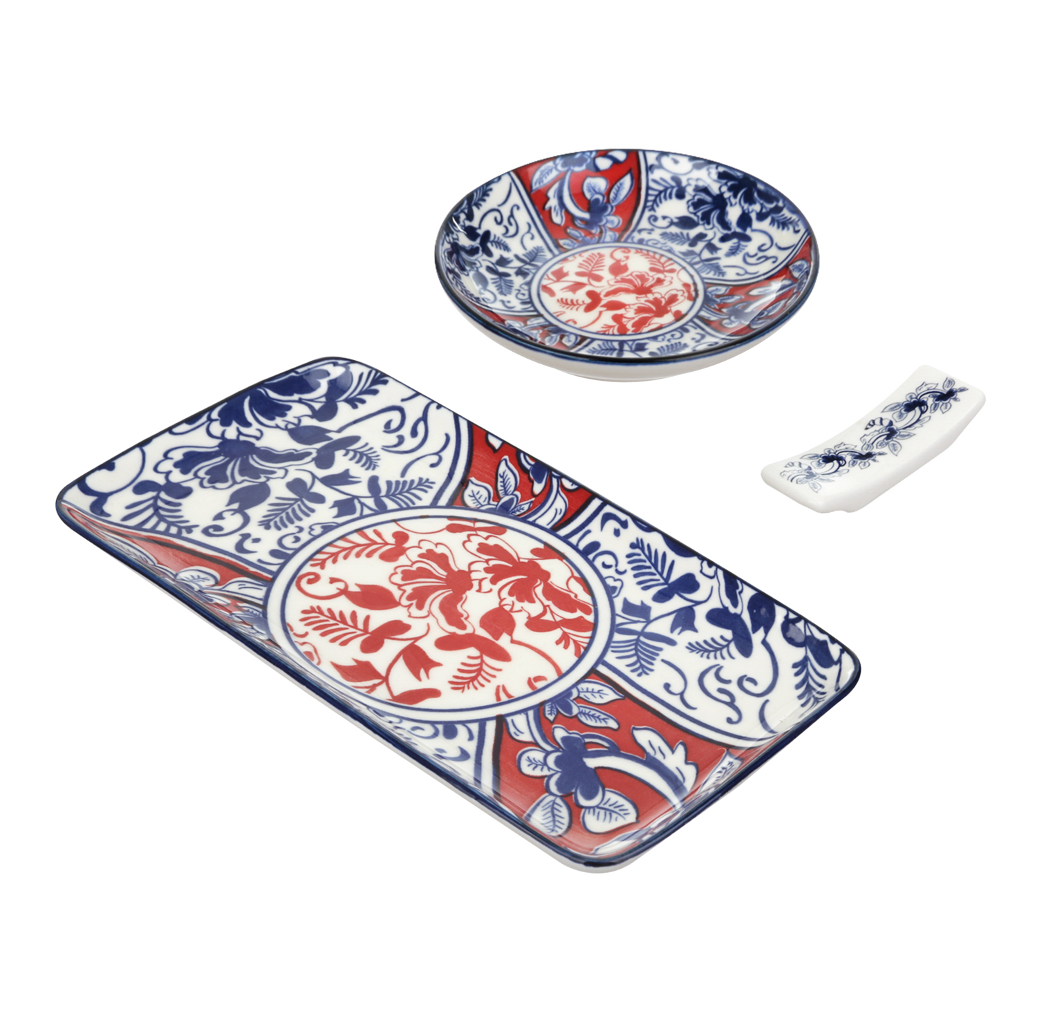 Set sushi 3 pezzi piattino rettangolare rosso blu Sushiko
