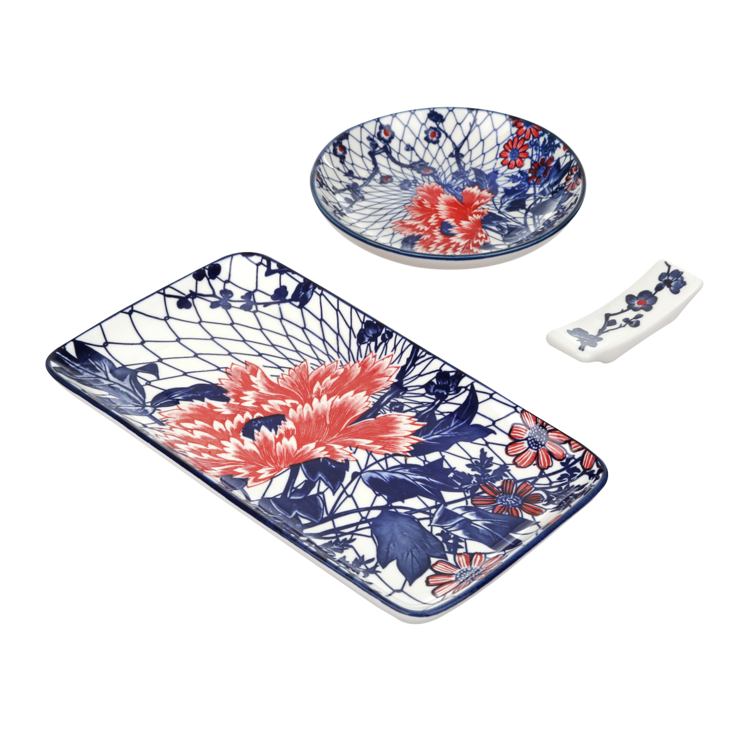 Set sushi 3 pezzi piattino rettangolare fiore rosso Sushiko