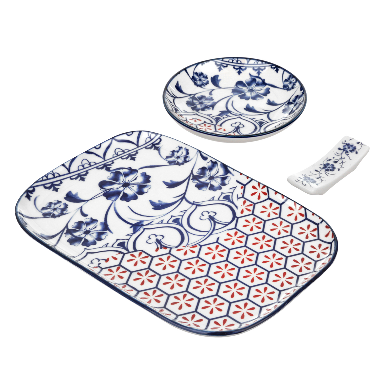Set sushi 3 pezzi piattino rettangolare 23 cm blu rosso Sushiko