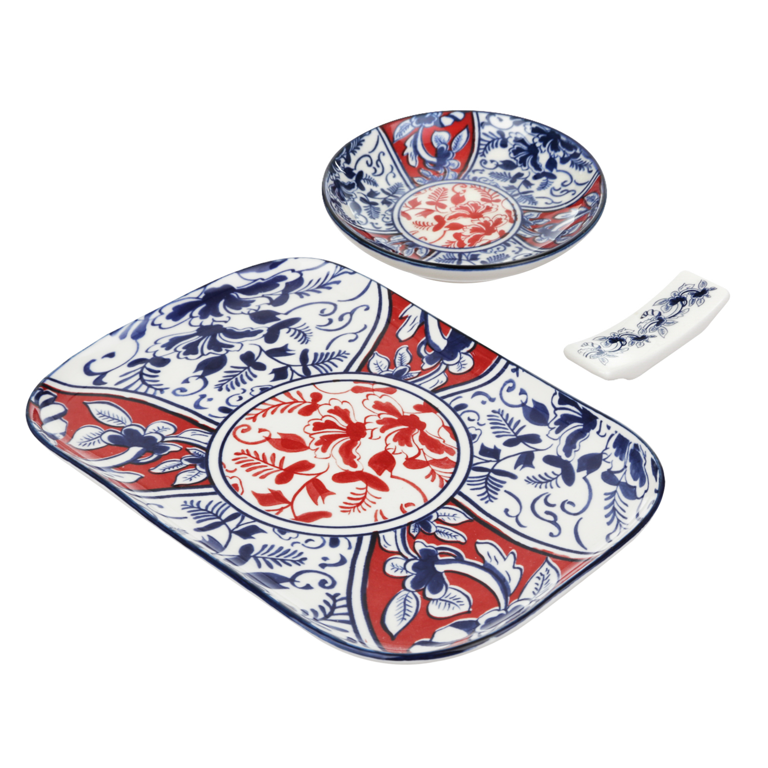 Set sushi 3 pezzi piattino rettangolare 23 cm rosso blu Sushiko