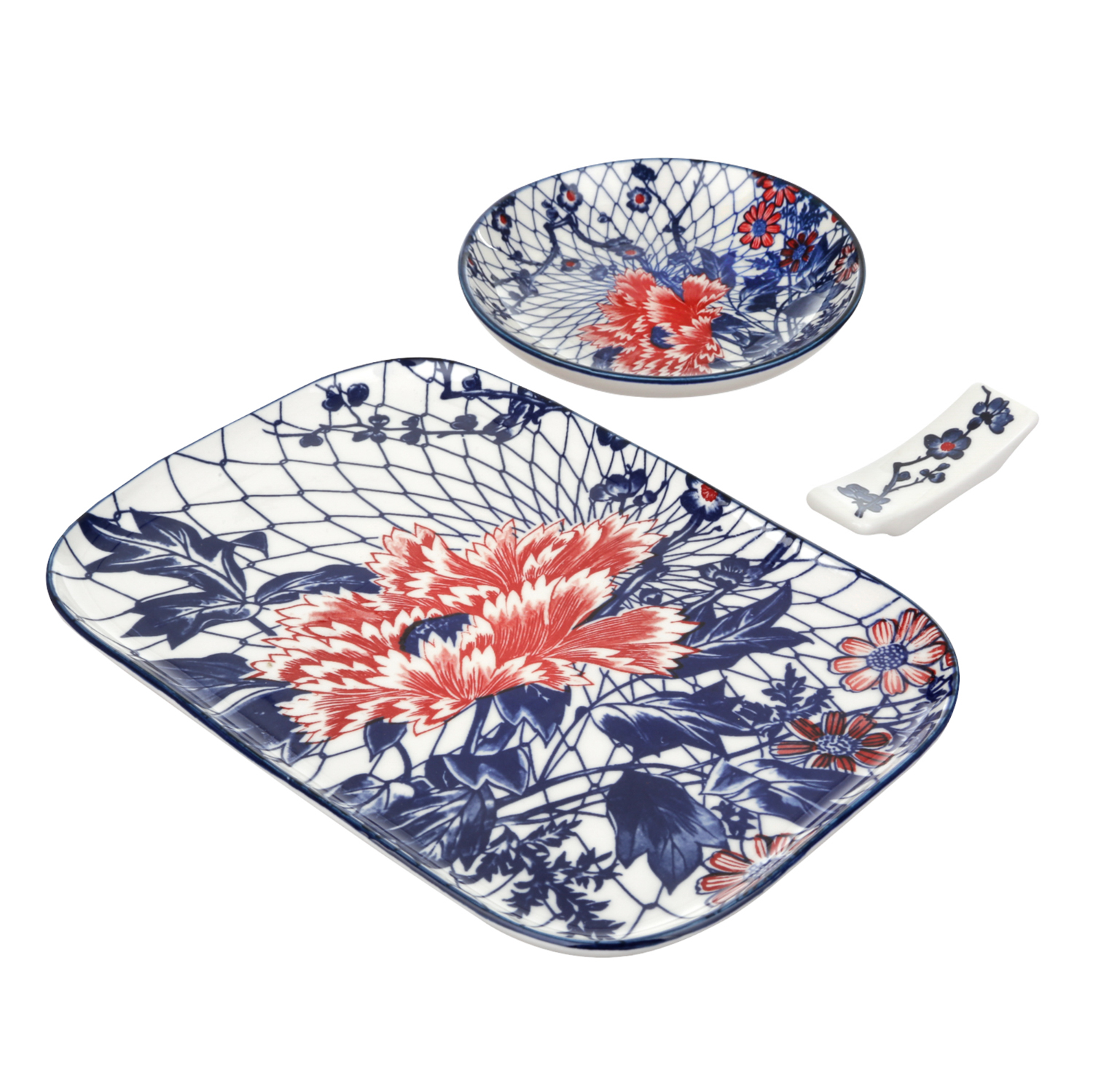 Set sushi 3 pezzi piattino rettangolare 23 cm fiore rosso Sushiko