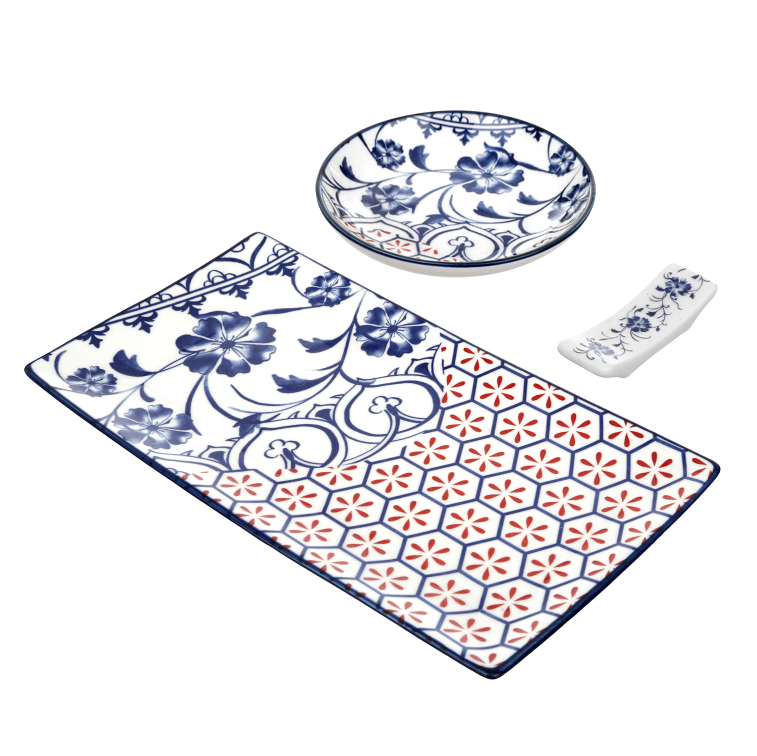 Set sushi 3 pezzi piattino rettangolare 28 cm blu rosso Sushiko