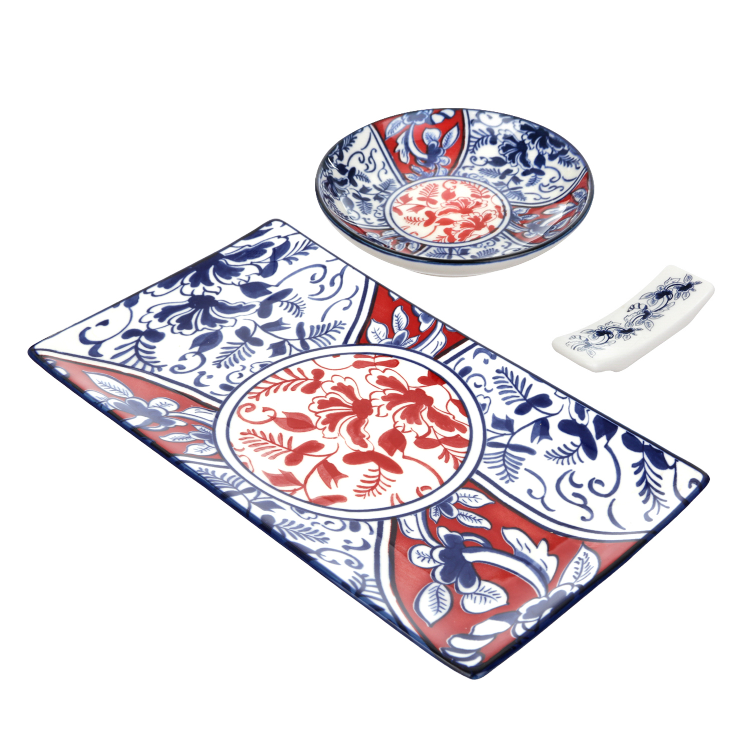 Set sushi 3 pezzi piattino rettangolare 28 cm rosso blu Sushiko