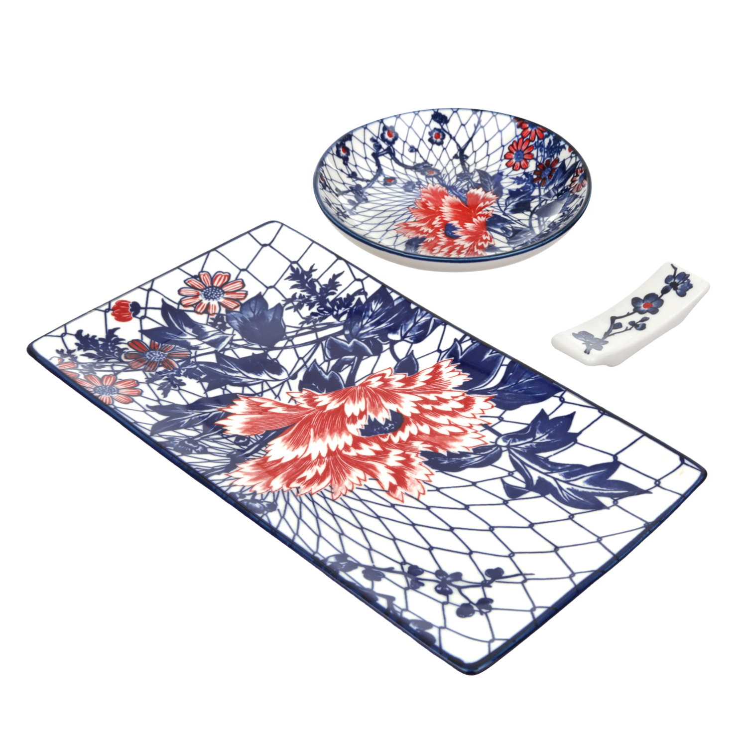 Set sushi 3 pezzi piattino rettangolare 28 cm fiore rosso Sushiko
