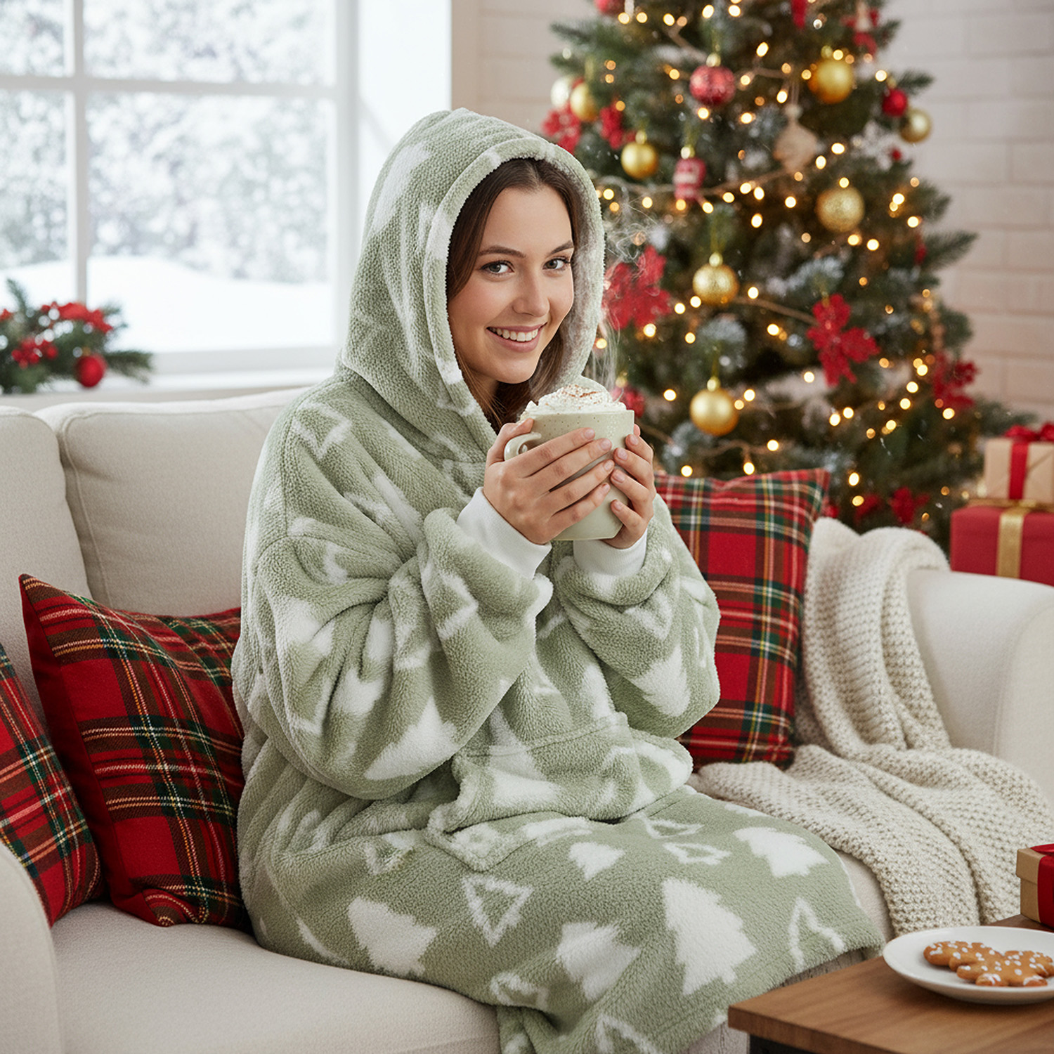 Felpa alberi di Natale con cappuccio e tasca