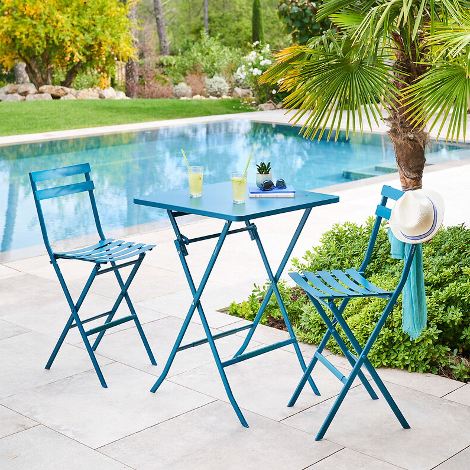 Tavolo bar da esterno pieghevole 70x70x96 cm Greensboro blu