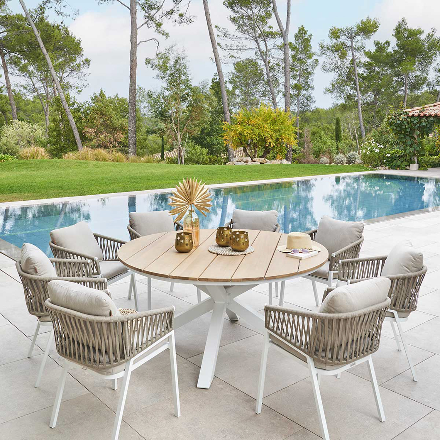 Tavolo da giardino rotondo acacia bianco 160x75 cm Oriengo