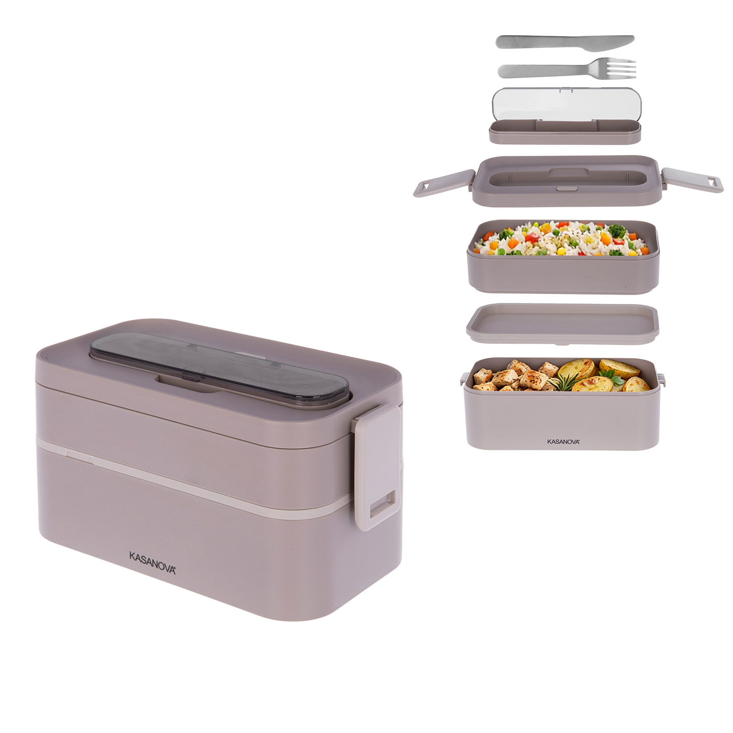 Contenitore porta pranzo 2 scomparti beige con posate