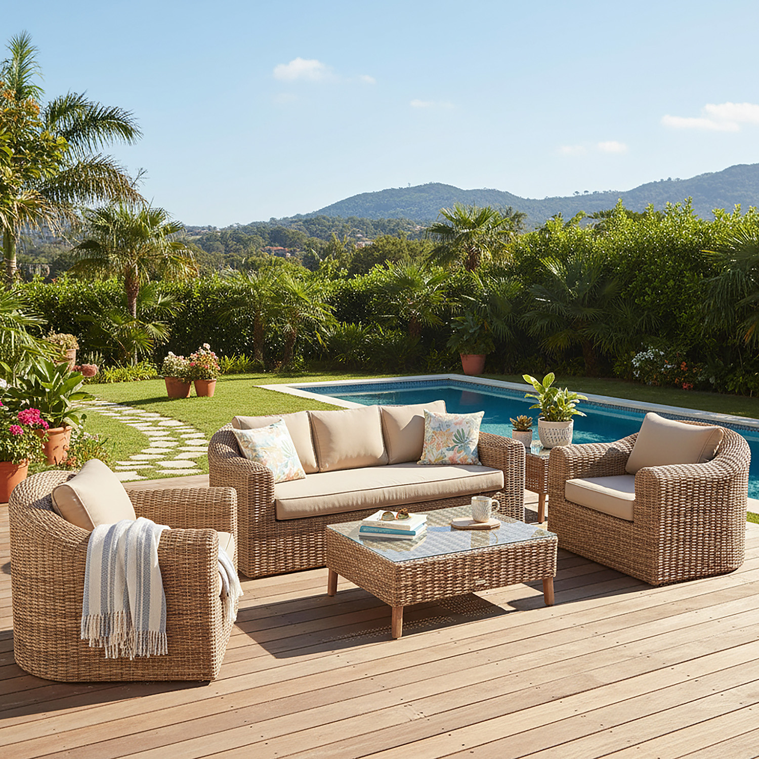 Salottino divano 3 posti, 2 poltrone e tavolino savana Moorea