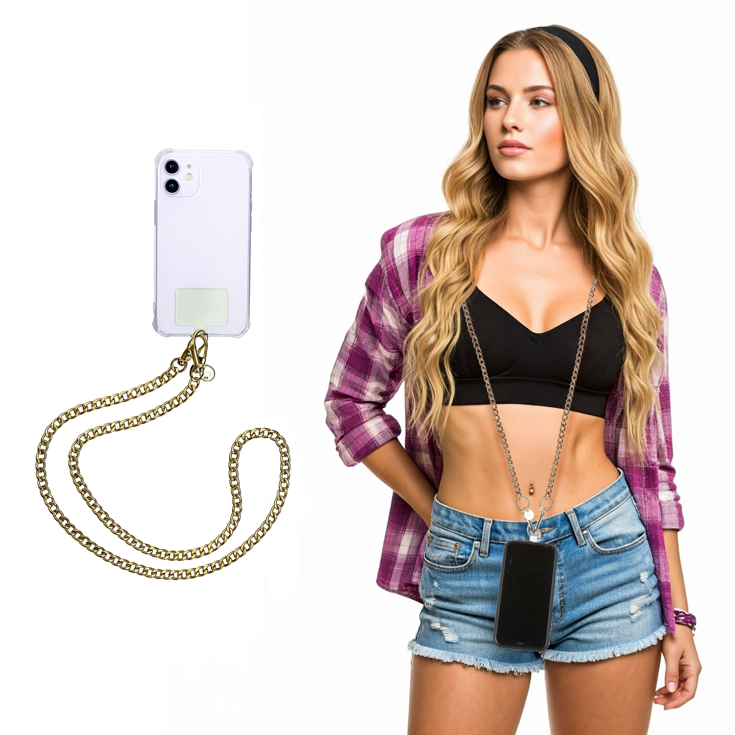 Tracolla smartphone e borsetta dorata 120 cm