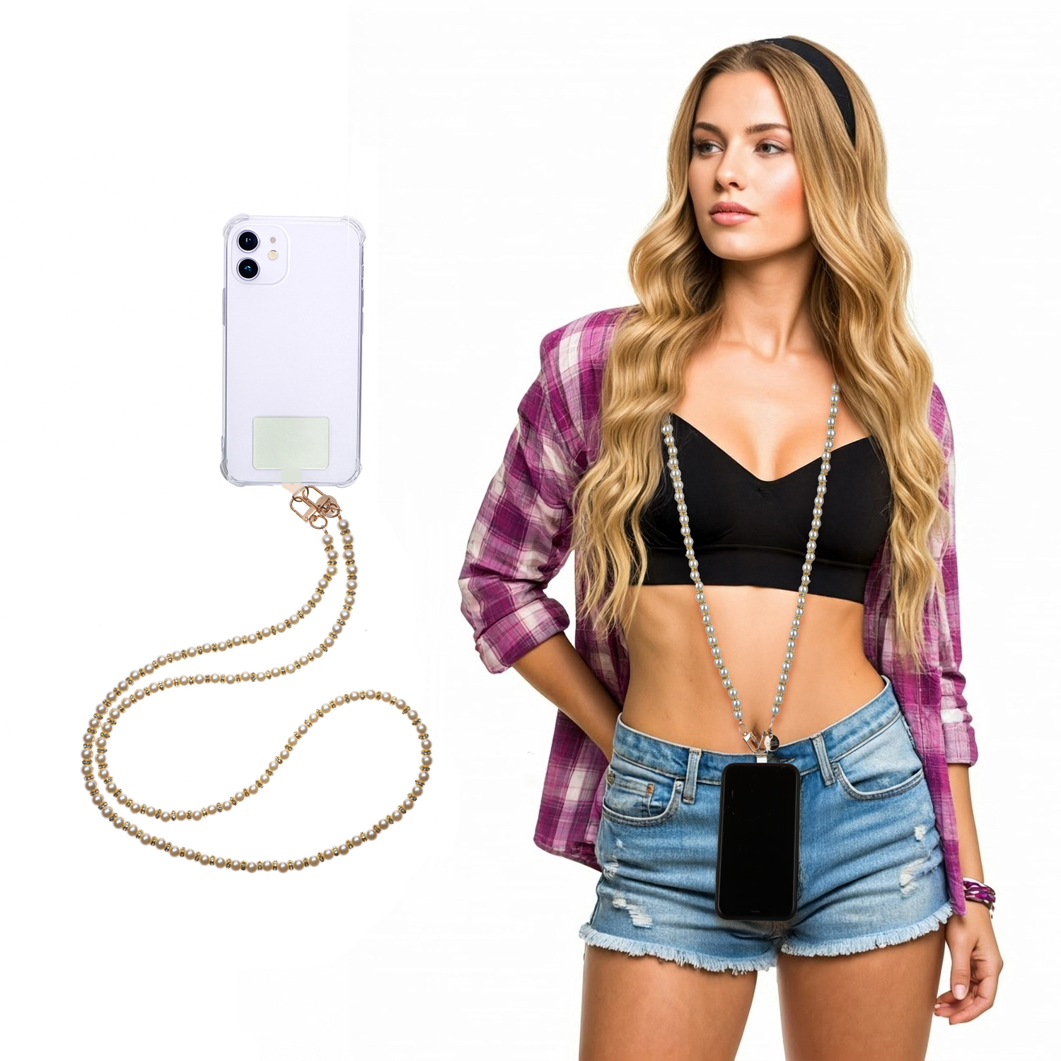 Tracolla smartphone e borsetta perle 120 cm