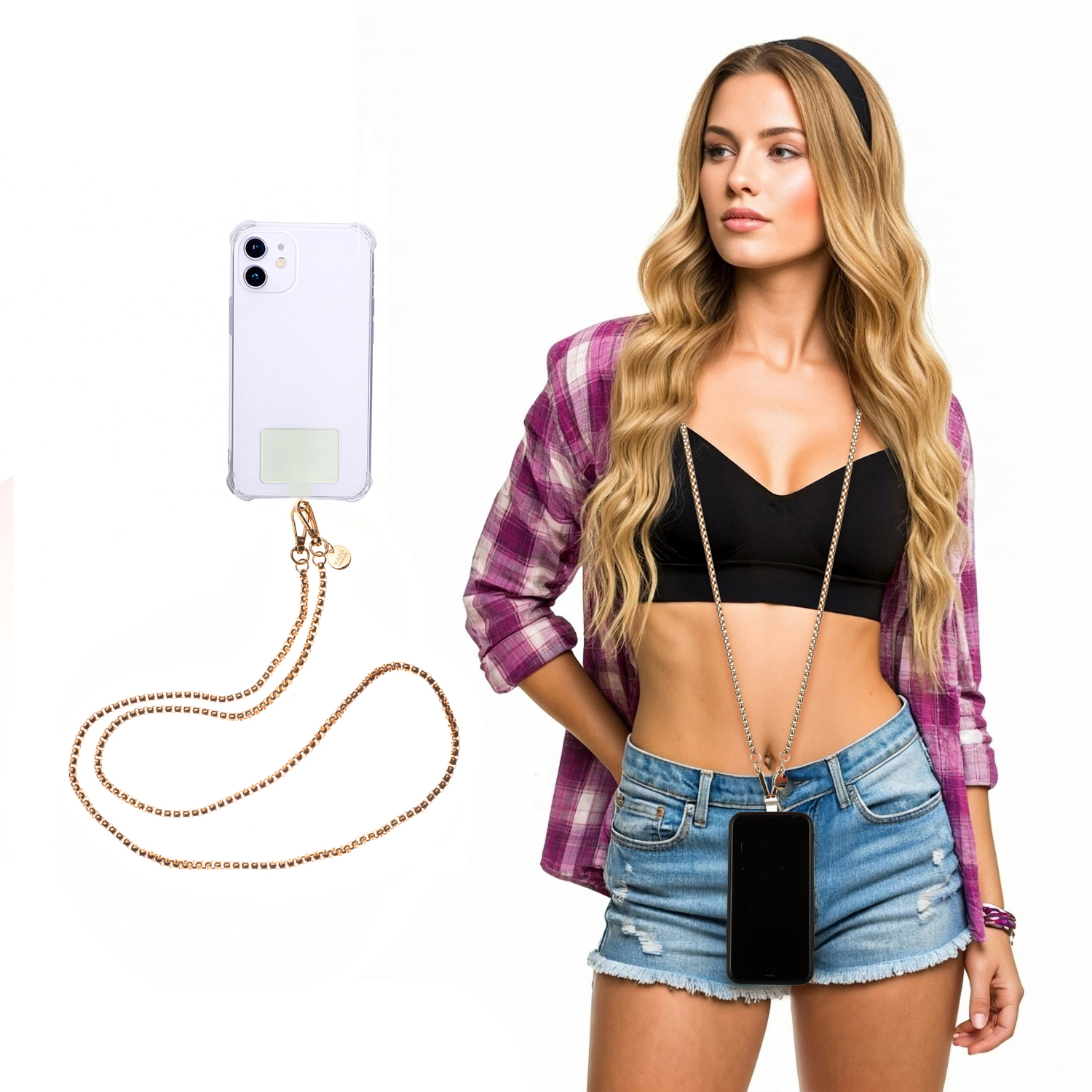 Tracolla smartphone e borsetta perle rosa oro 120 cm