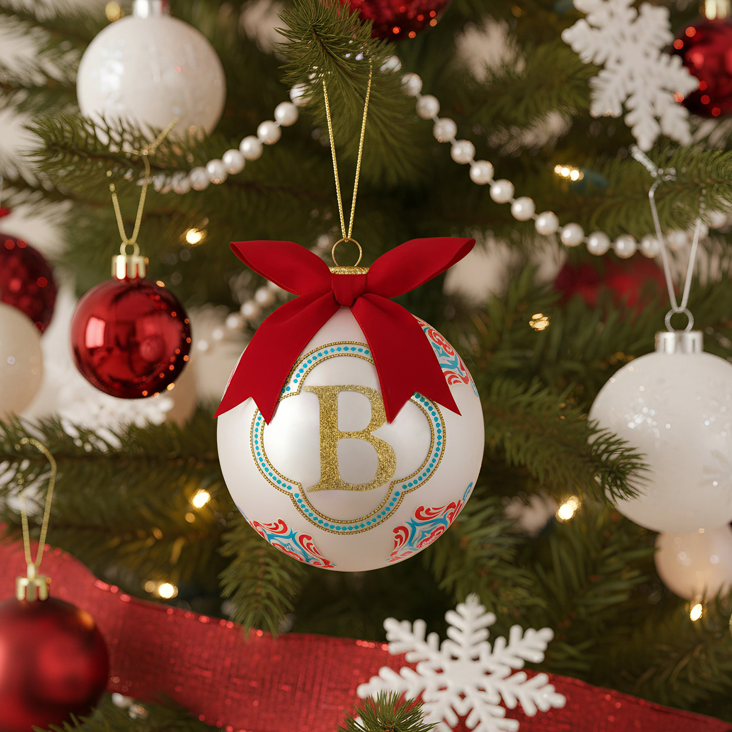 Pallina Natale lettera B bianca 10 cm Royal Garden