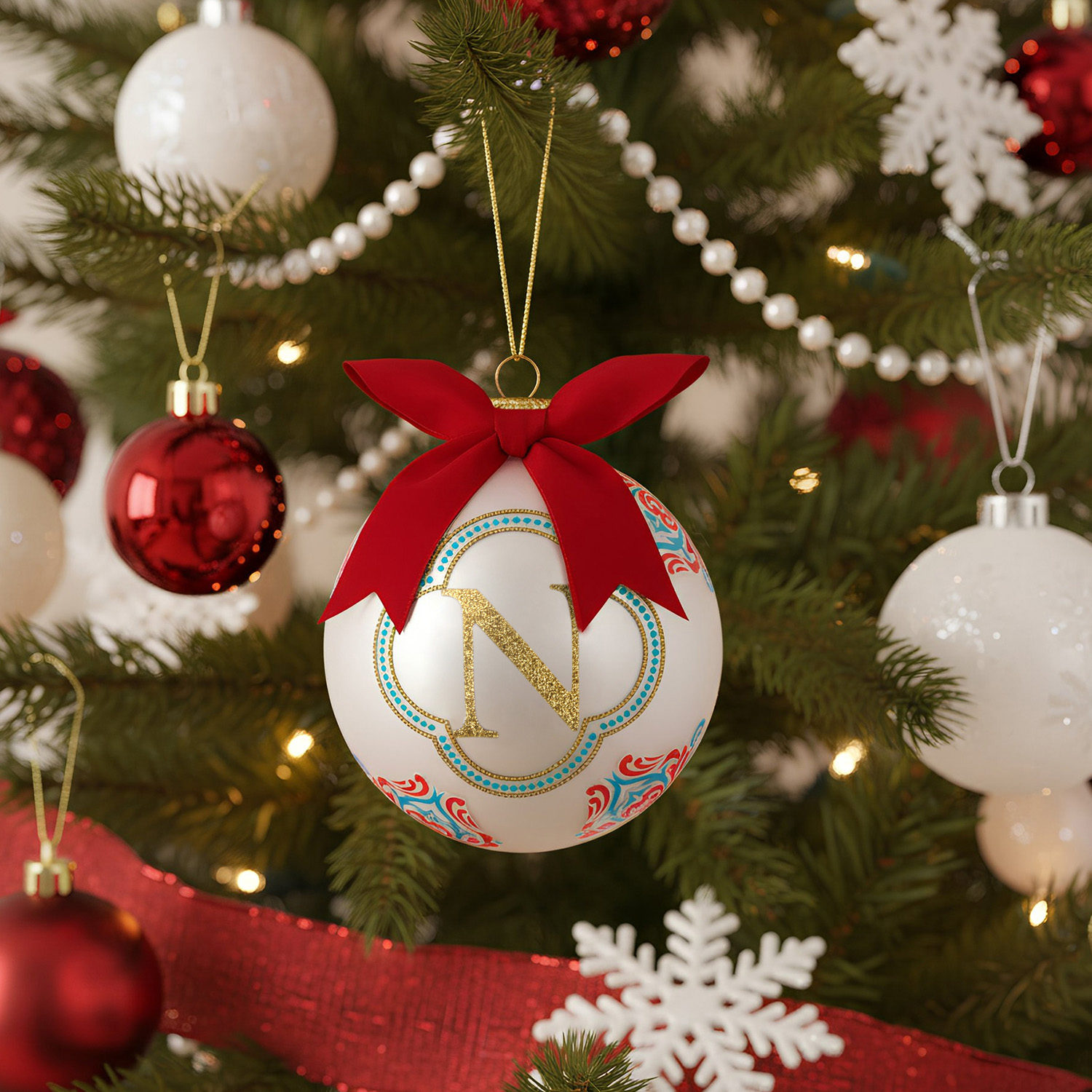 Pallina Natale lettera N bianca 10 cm Royal Garden