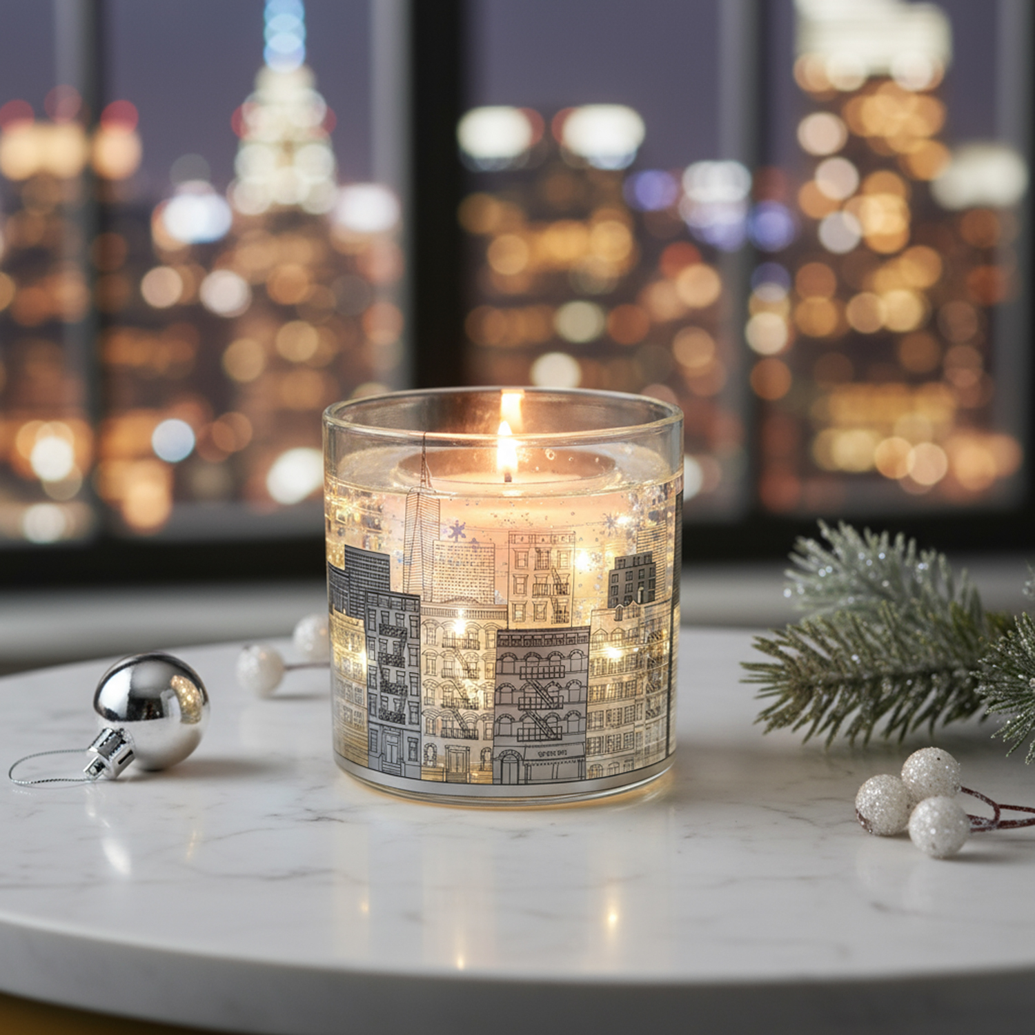 Candela di Natale con città in vetro e LED