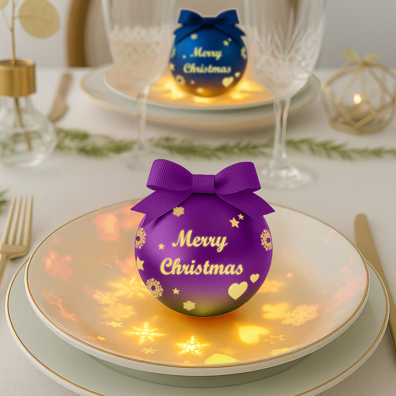 Pallina segnaposto con led Merry Christmas viola