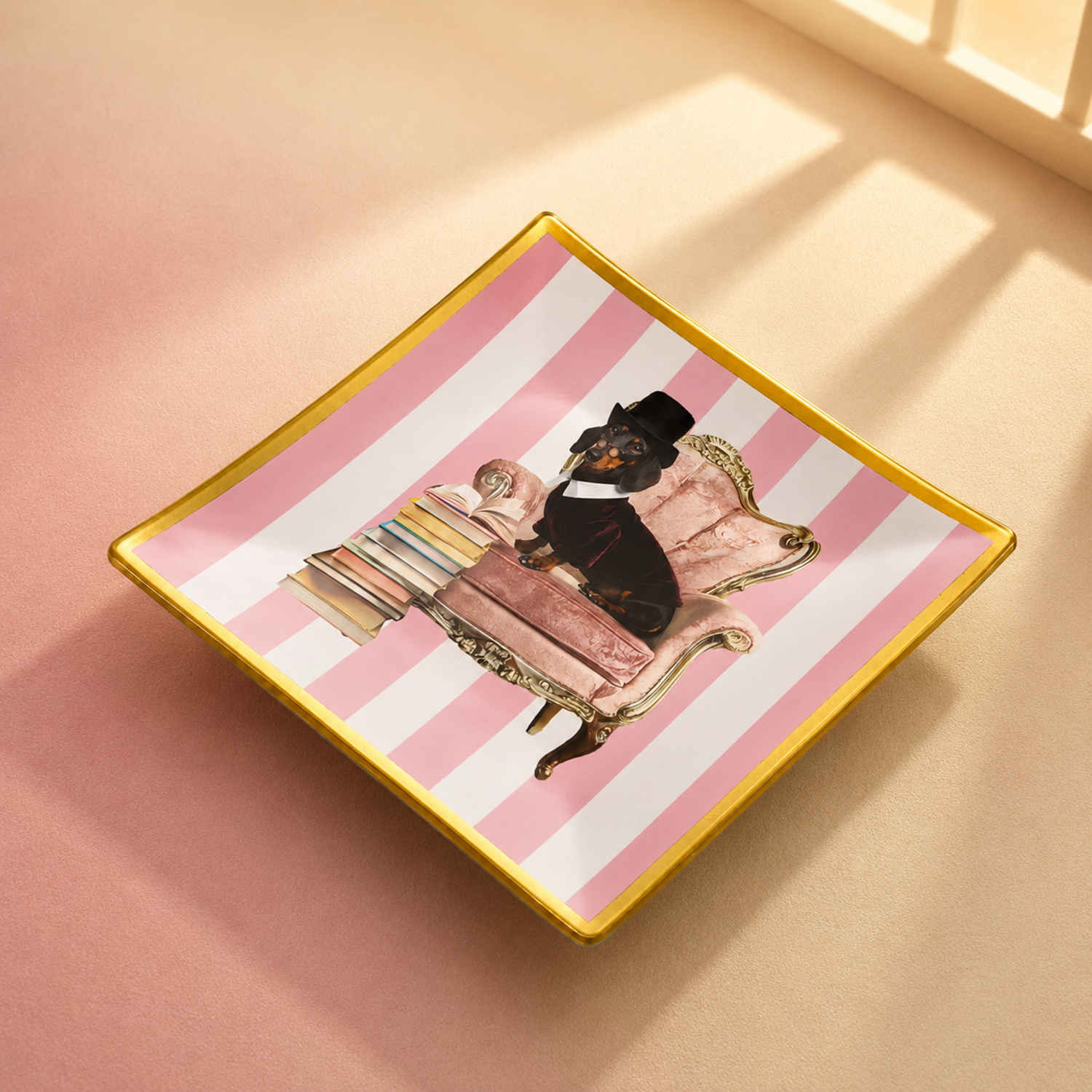 Piattino decorativo vetro 15x15 cm Cane rosa