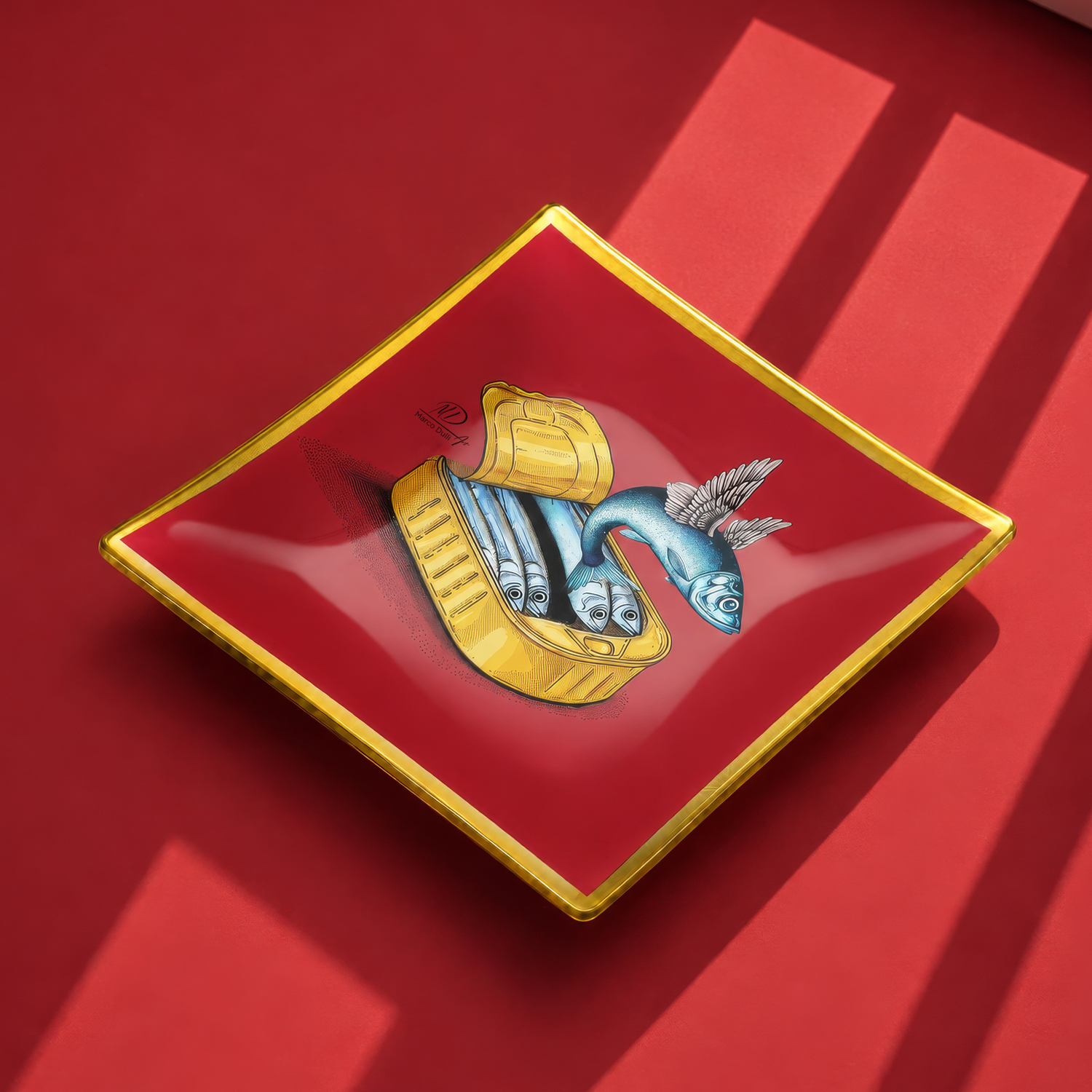 Piattino decorativo vetro 20x20 cm Sardine rosso