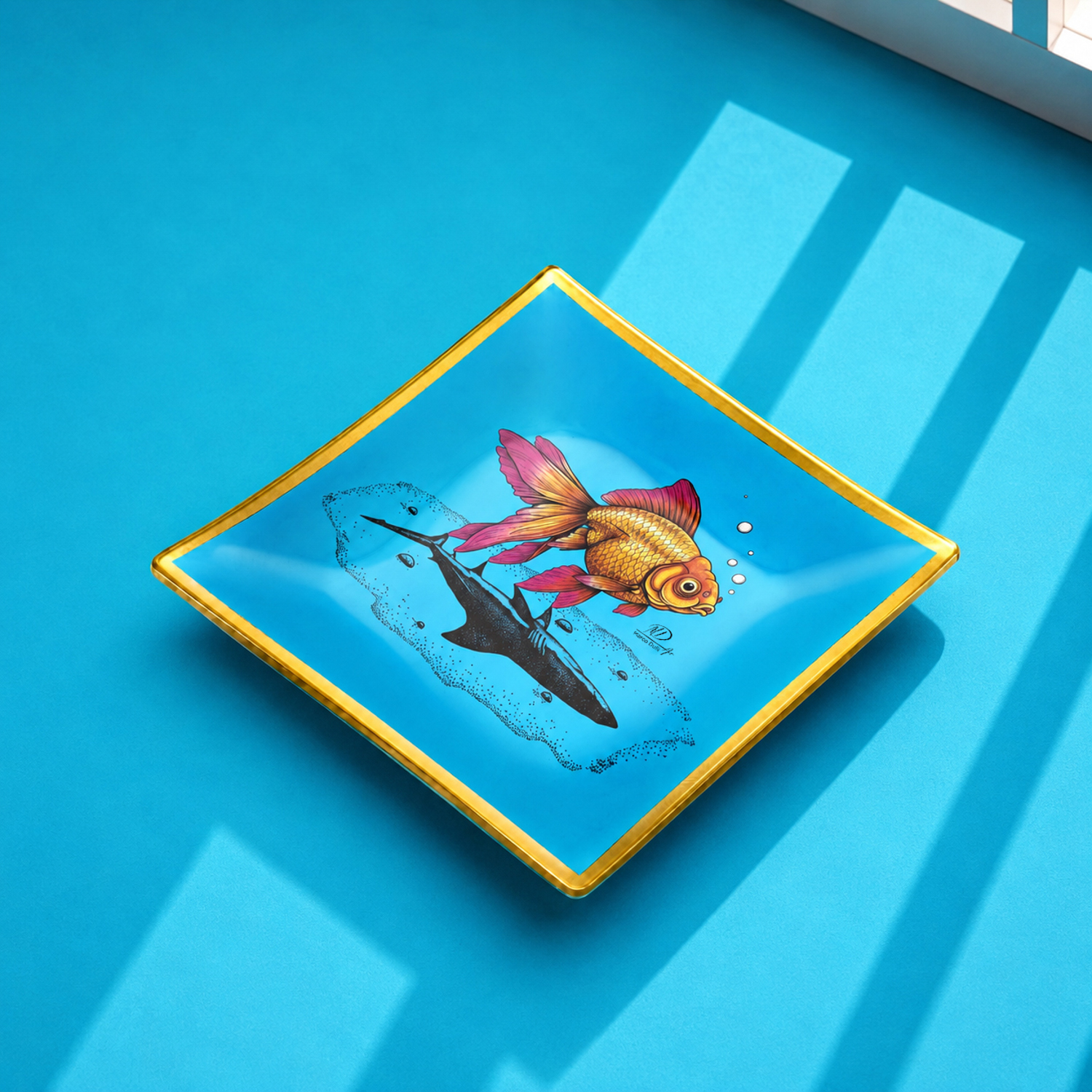 Piattino decorativo vetro 20x20 cm Pesce azzurro