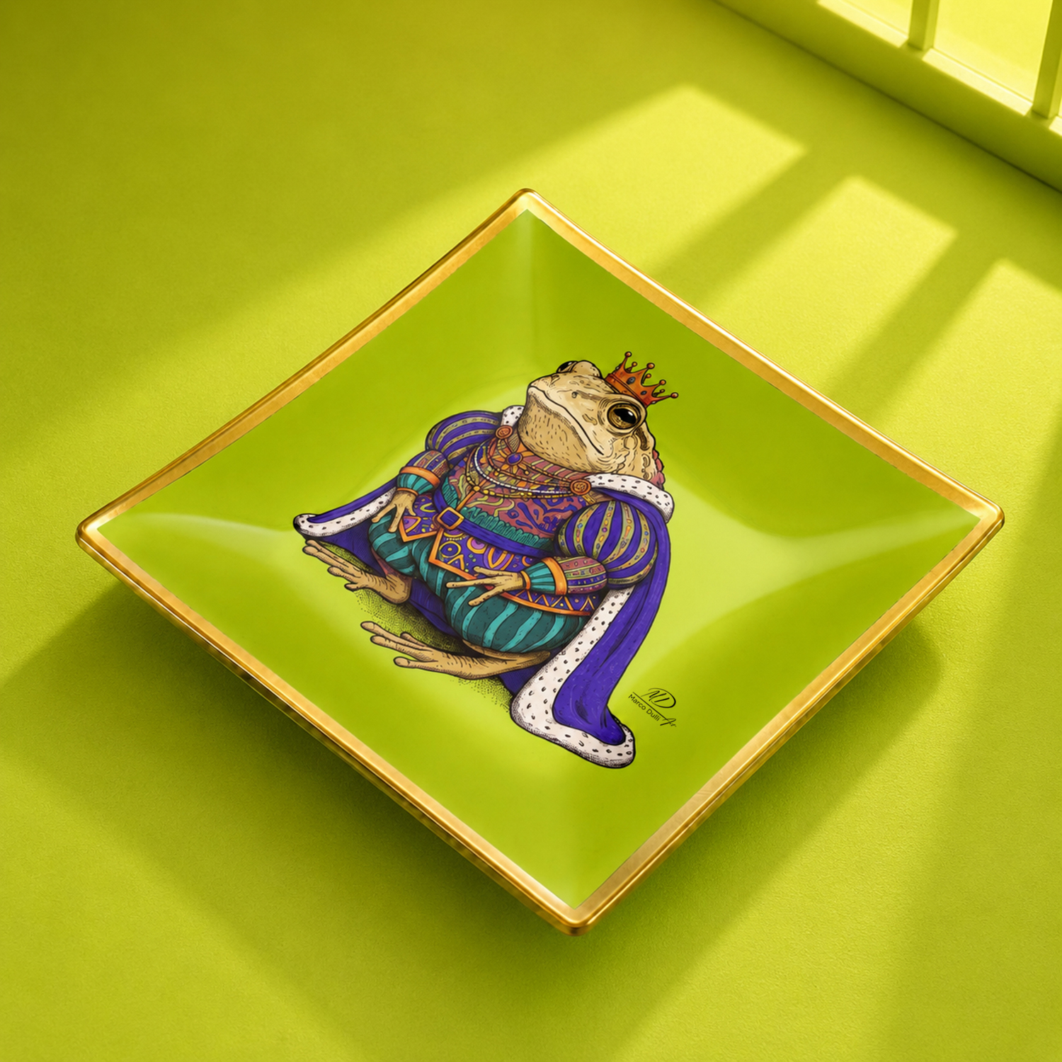 Piattino decorativo vetro 20x20 cm Re rospo verde