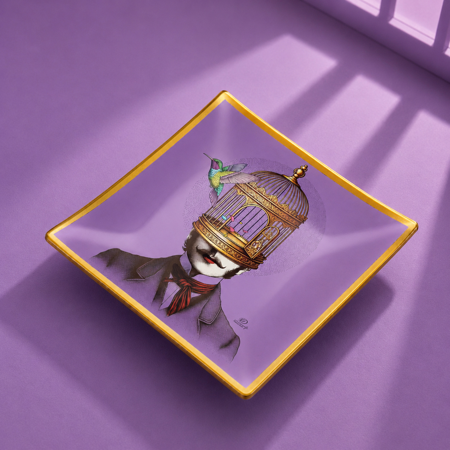 Piattino decorativo vetro 25x25 cm Colibrì viola