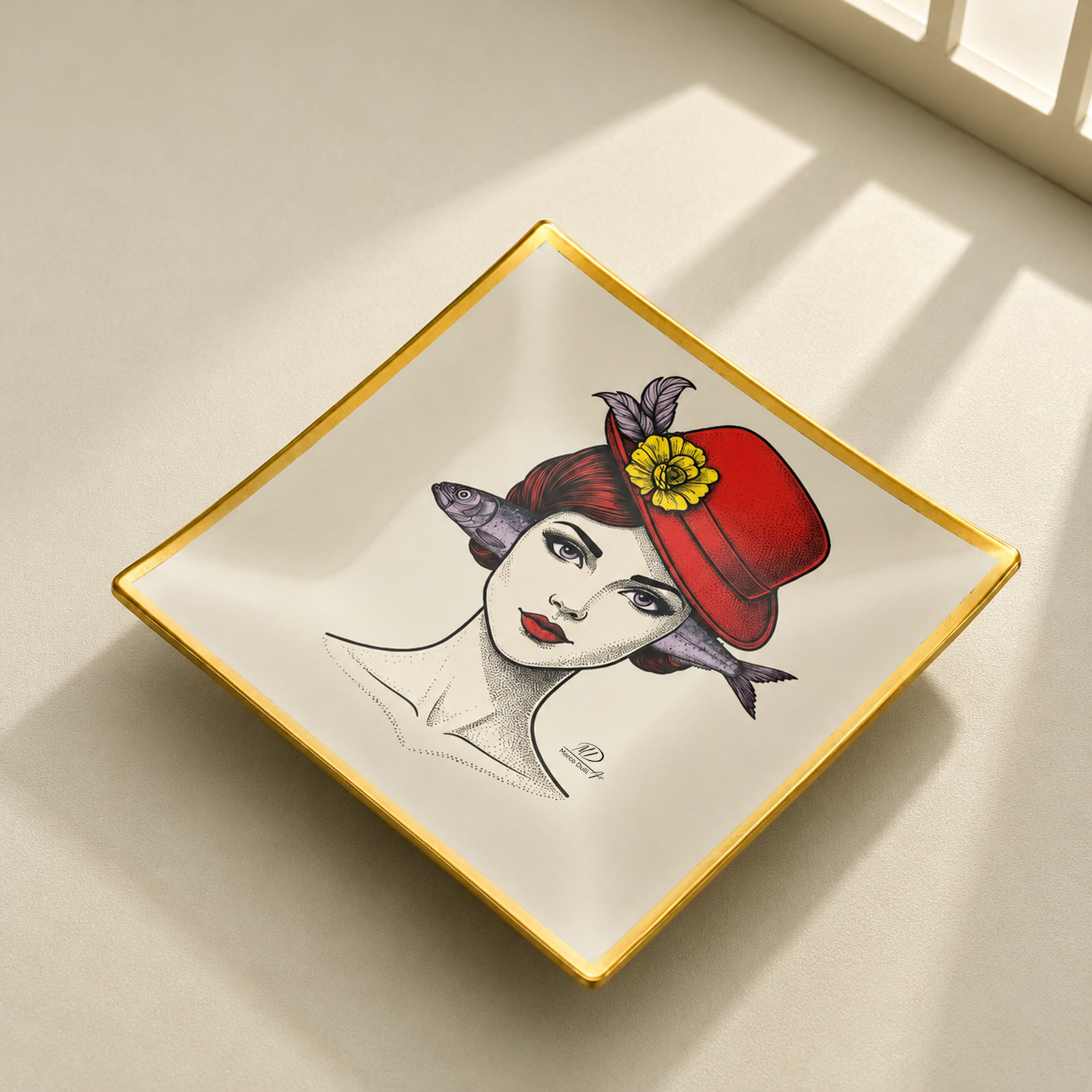 Piattino decorativo vetro 25x25 cm Donna pesce avorio
