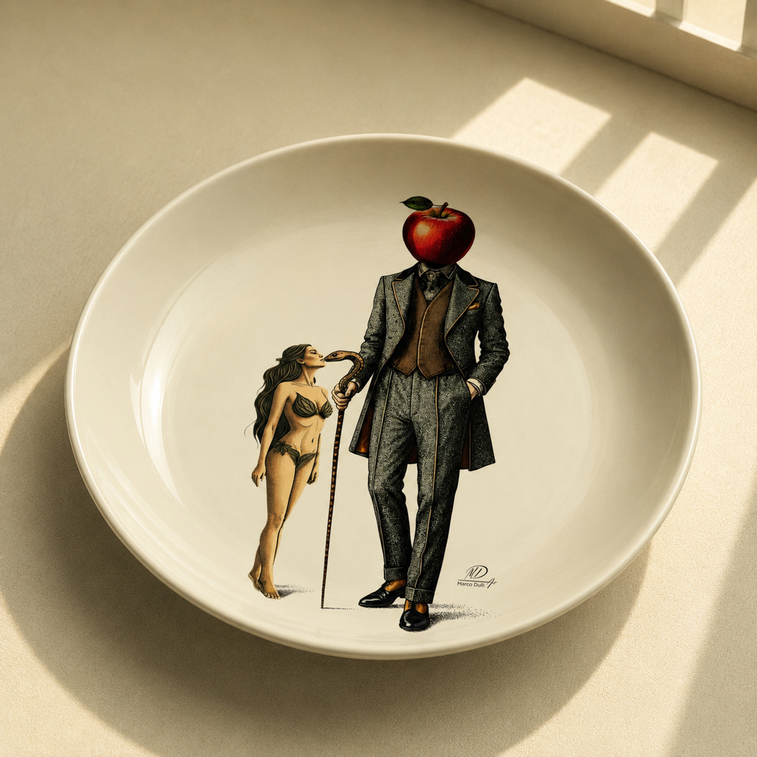 Piatto decorativo vetro 30 cm Uomo mela avorio