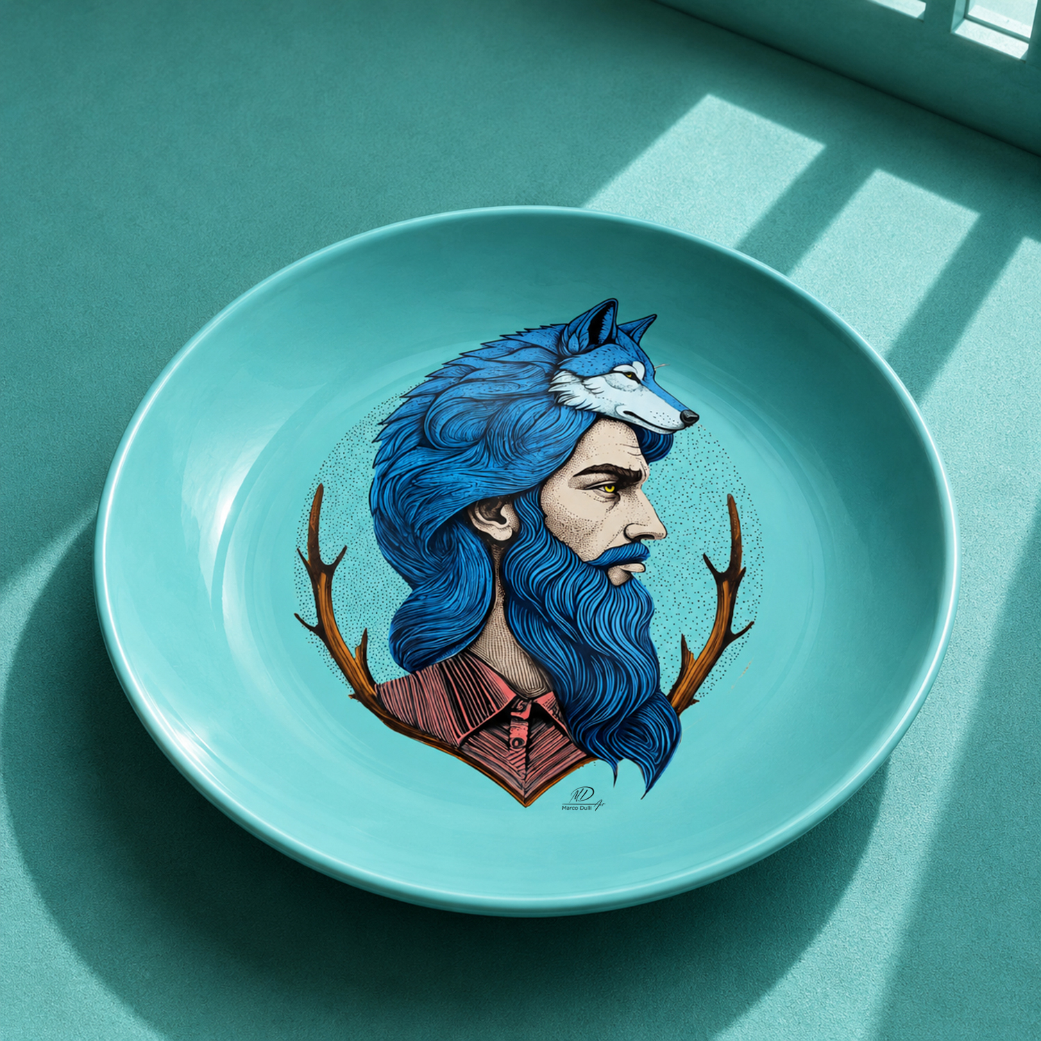 Piatto decorativo vetro 30 cm Uomo lupo azzurro