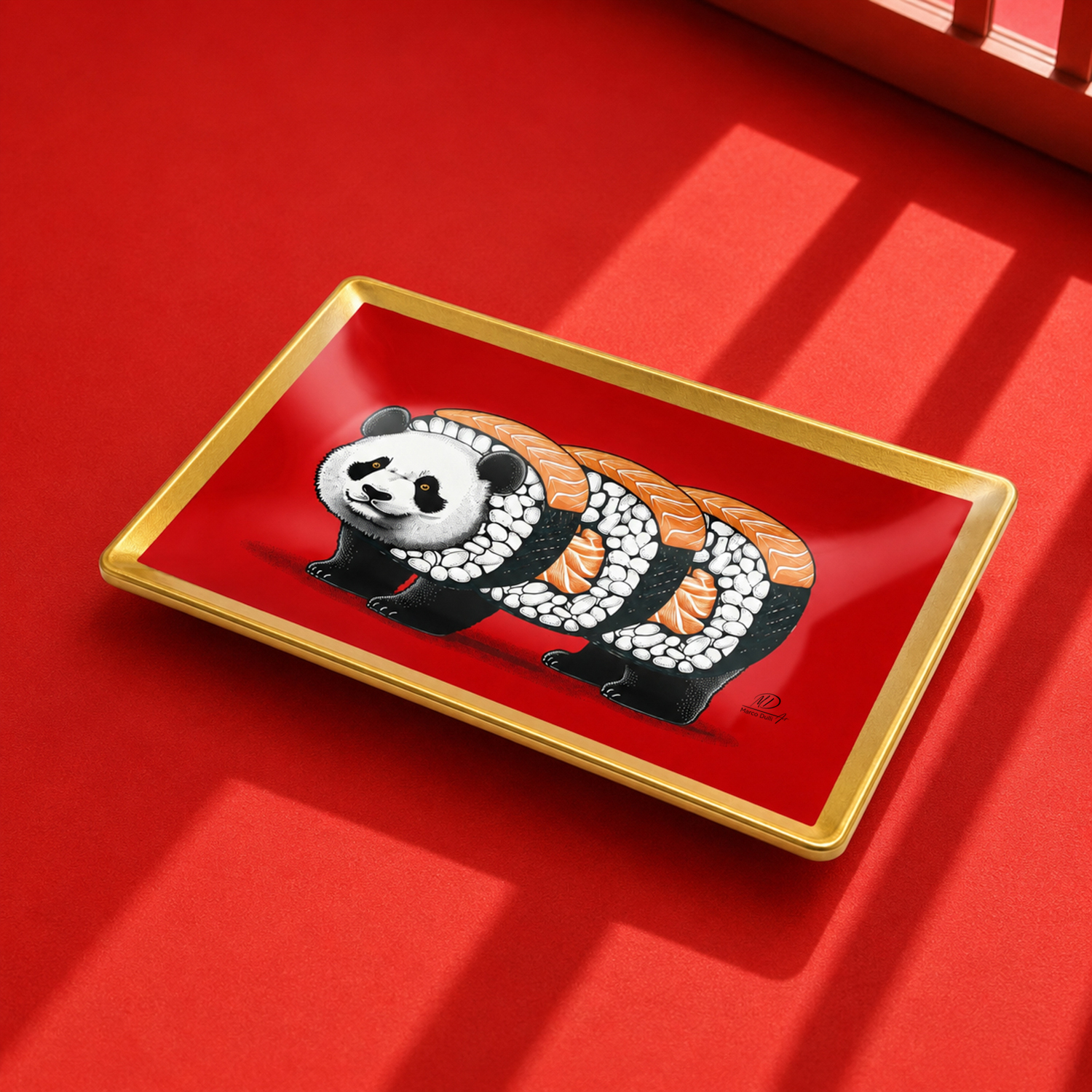 Piattino decorativo vetro 16x12 cm Panda sushi rosso